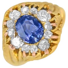 Antique 3.00ct Natural Blue Sapphire Cocktail Ring, Diamond Halo, Yellow Gold