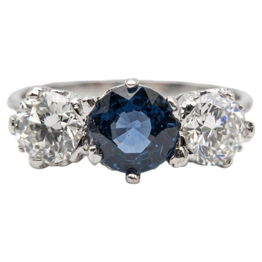 Antique 3.00CT Natural Blue Sapphire Diamond Platinum Ring 1900s