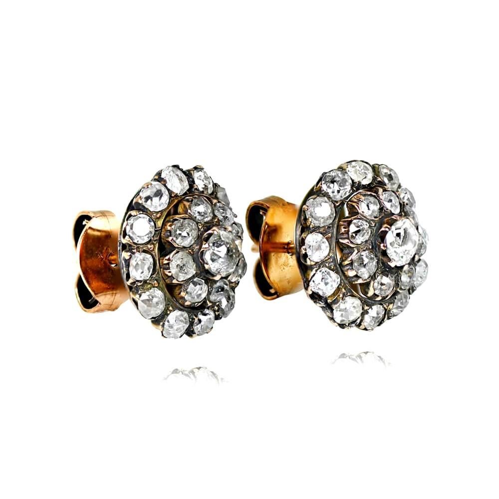 Art Deco Antique 3.00 Carat Old Mine Cut Diamond Earrings, 18k Yellow Gold For Sale
