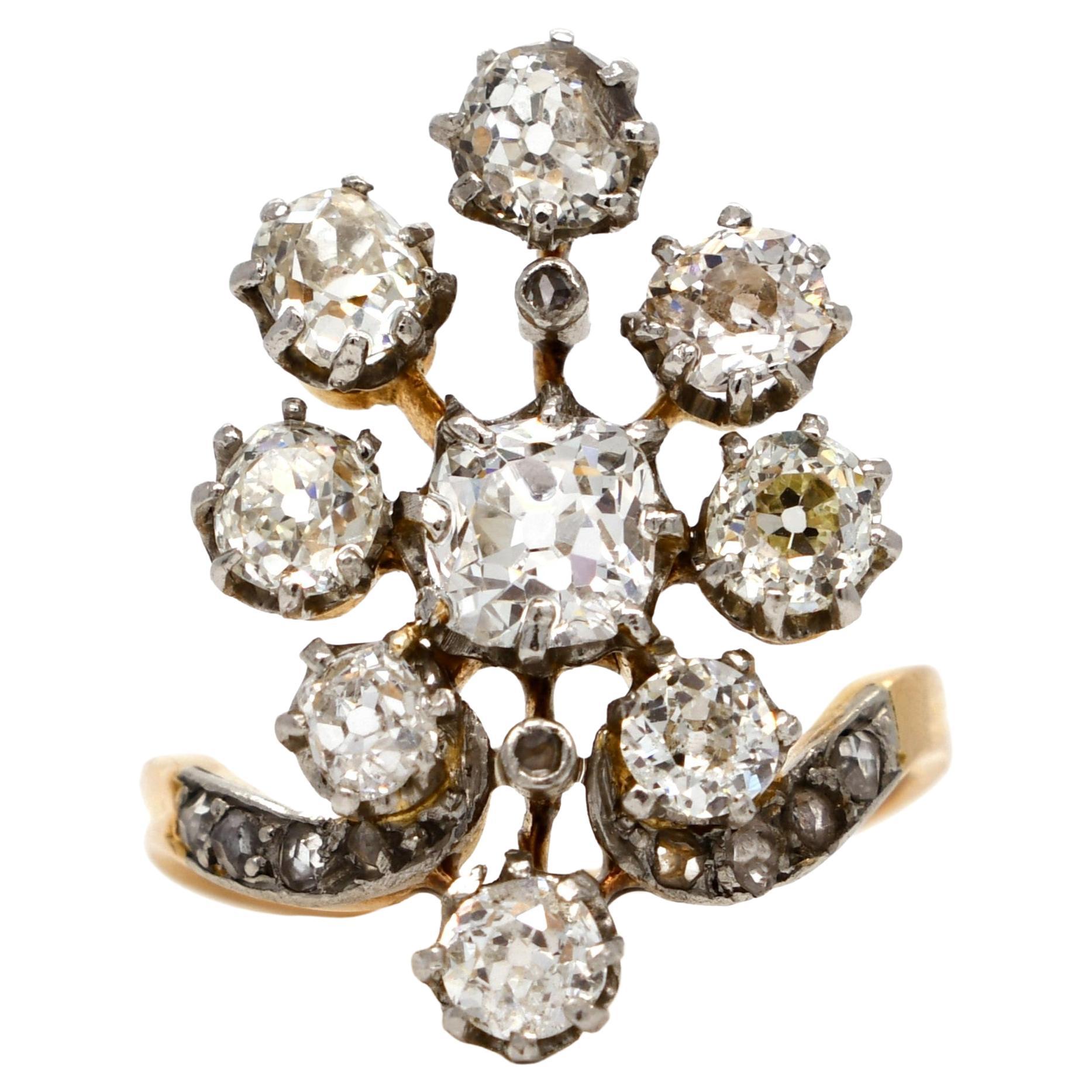 Antique 3.00ct old mine cut diamond tiara ring, France around 1900 For Sale