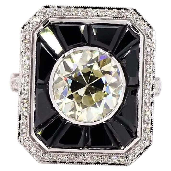 Antique 3.01 Carat Old European Cut Diamond Onyx Gold Ring