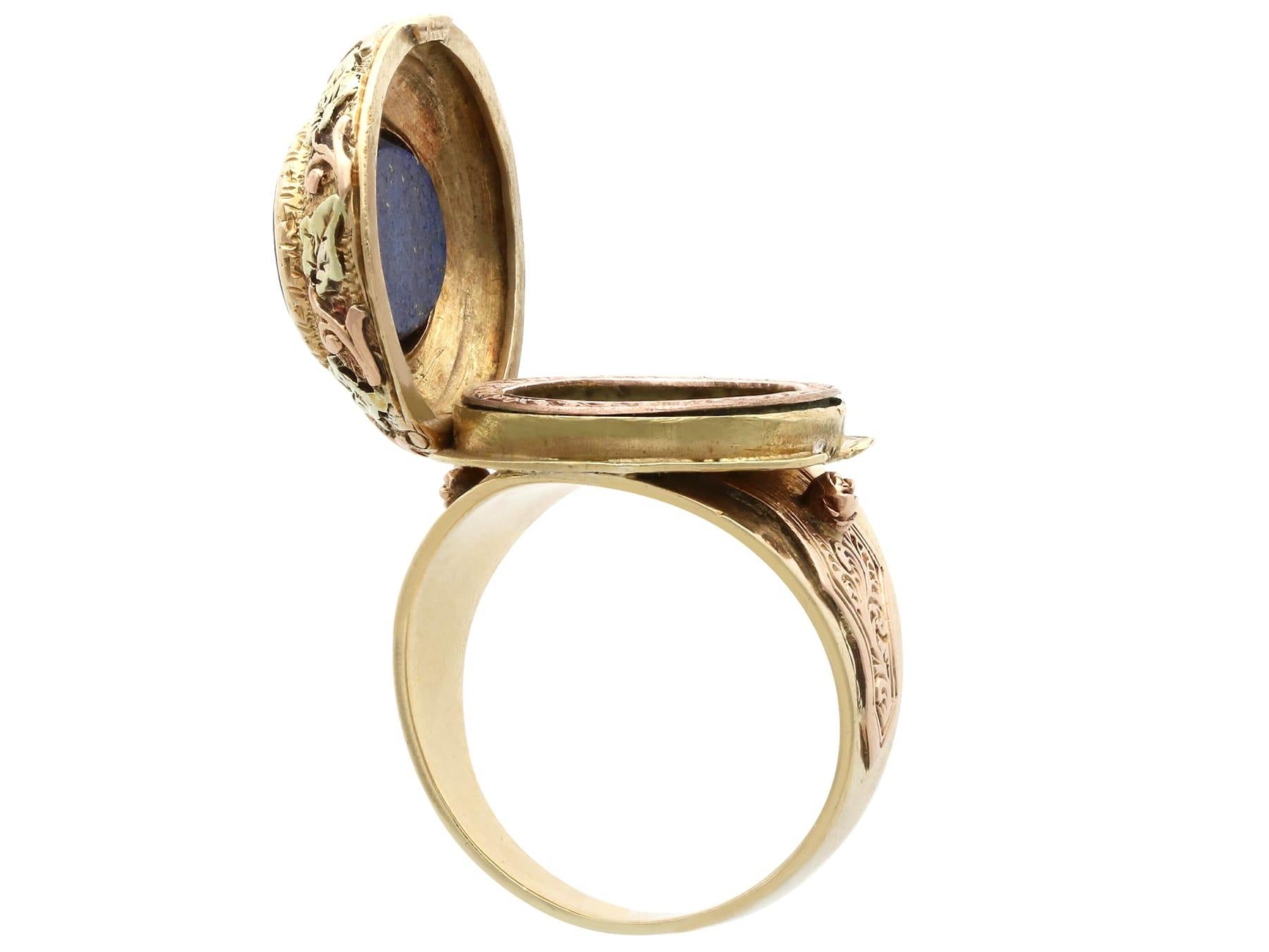 Antique 3.02Ct Lapis Lazuli and 15k Yellow Gold Locket Ring Circa 1880 For Sale 5