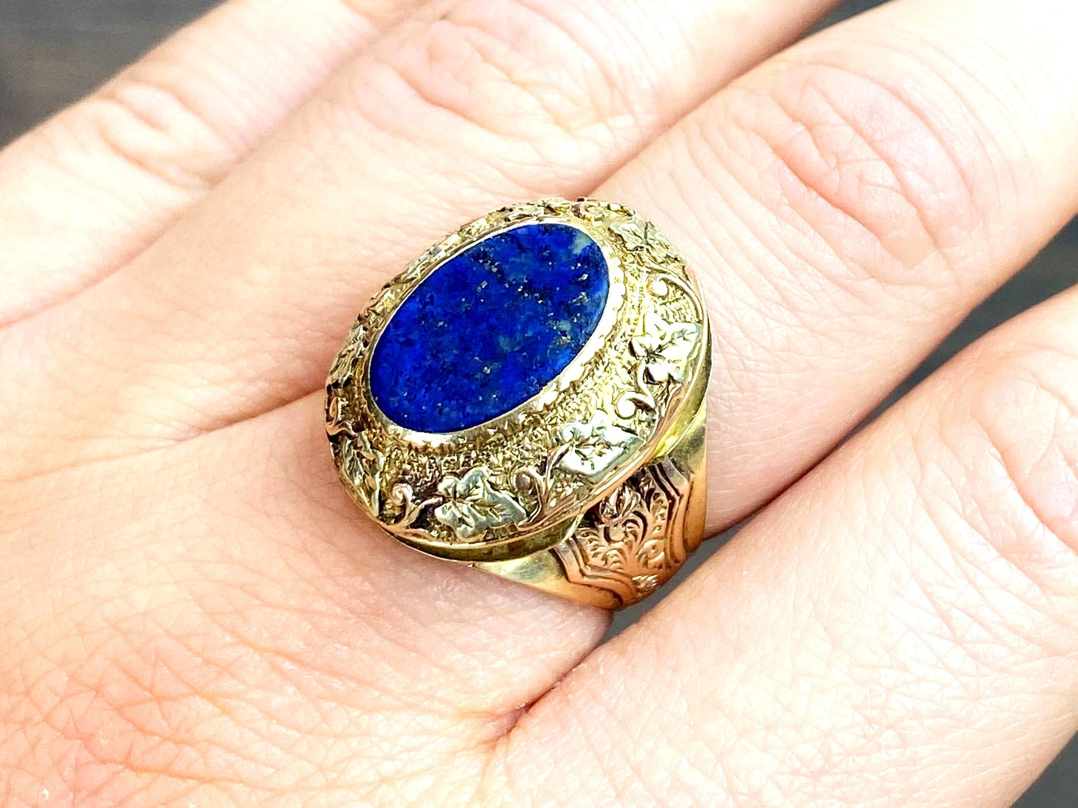 Oval Cut Antique 3.02Ct Lapis Lazuli and 15k Yellow Gold Locket Ring Circa 1880 For Sale