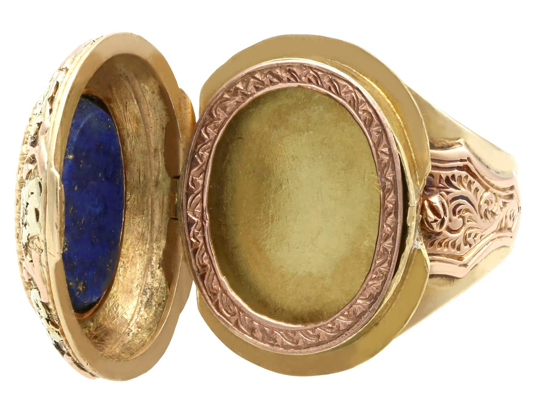 Antique 3.02Ct Lapis Lazuli and 15k Yellow Gold Locket Ring Circa 1880 For Sale 2