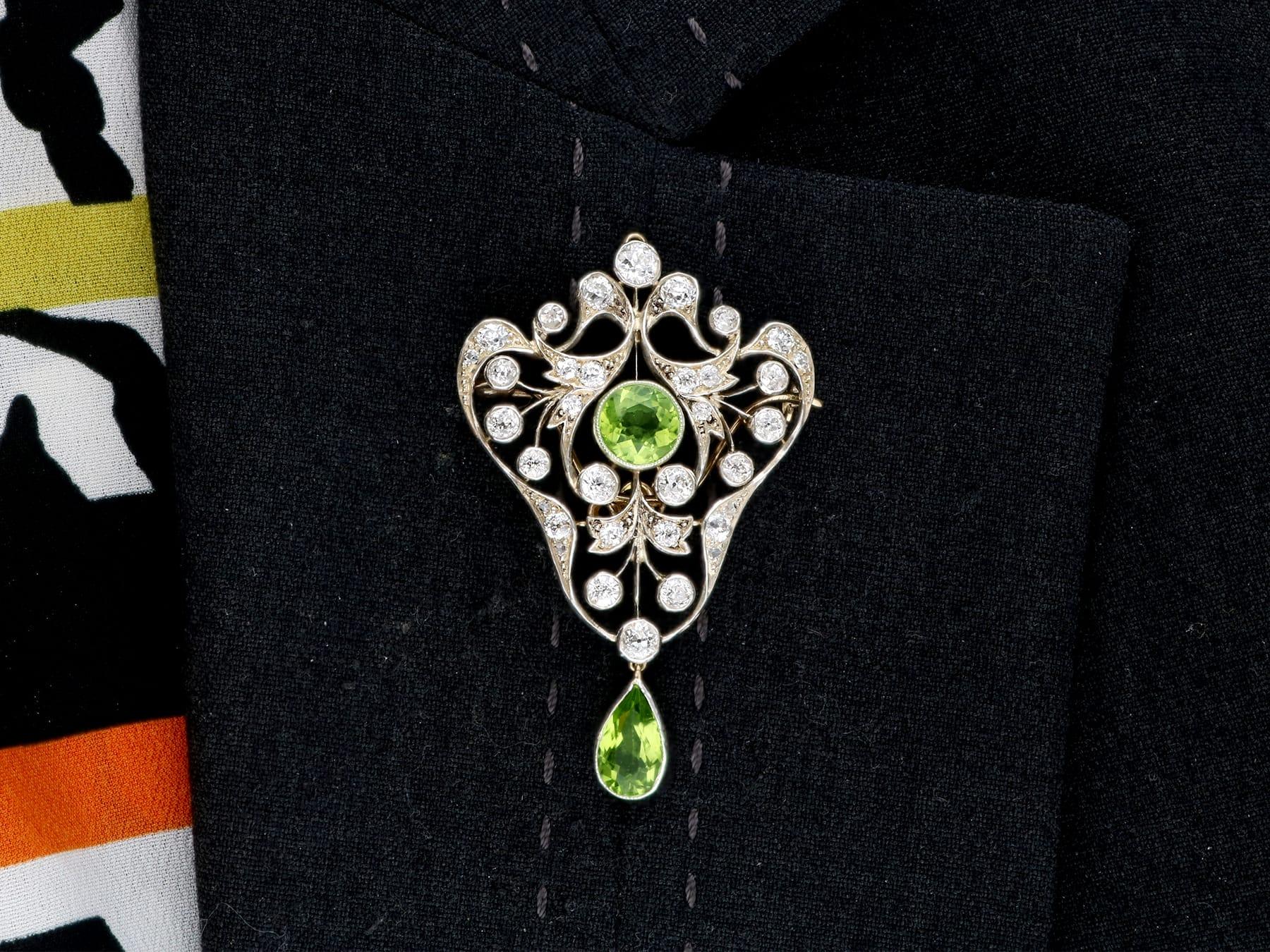 Antique 3.02Ct Peridot and 3.41Ct Diamond, 14k Yellow Gold Pendant / Brooch For Sale 5