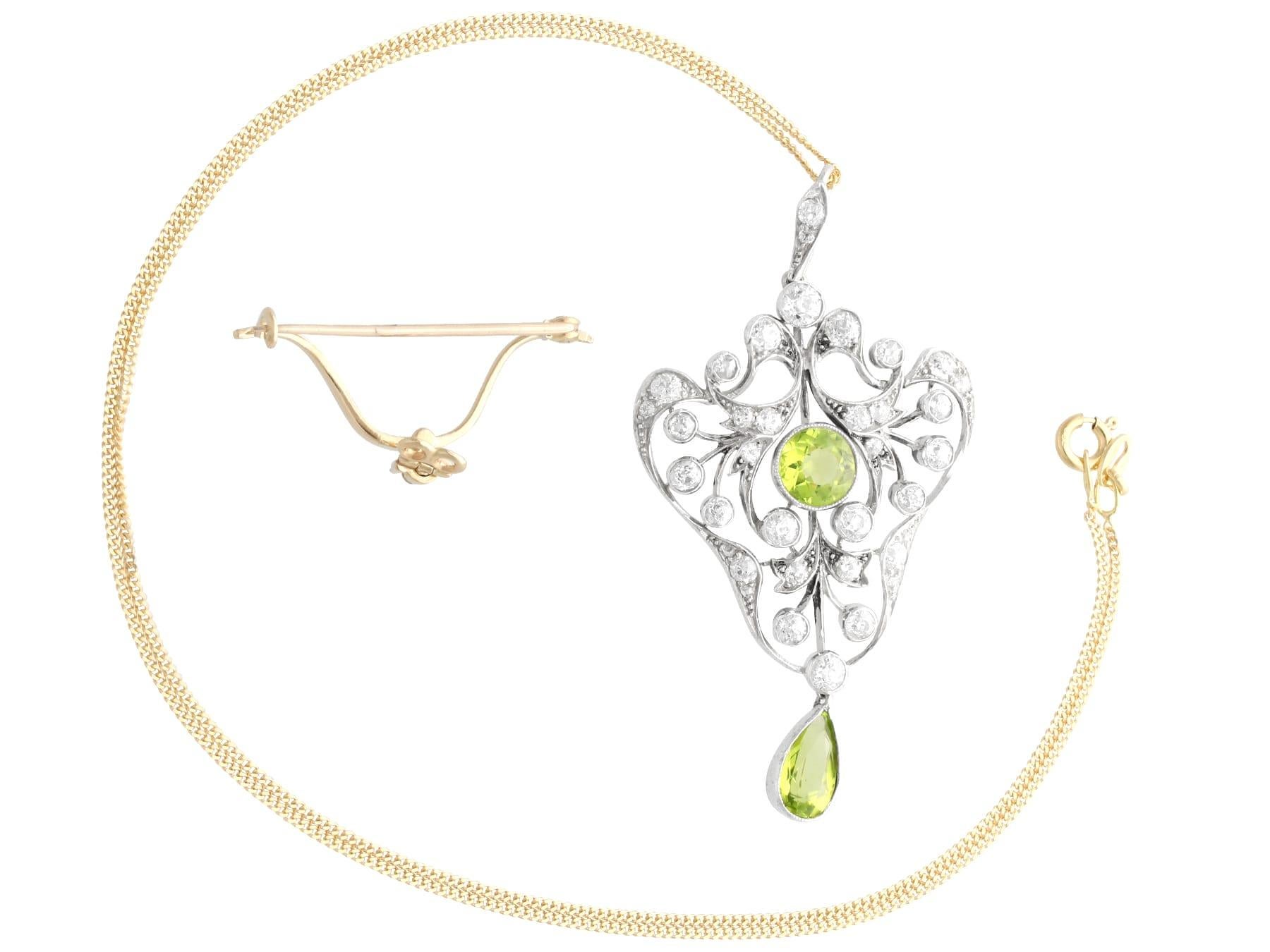 Art Nouveau Antique 3.02Ct Peridot and 3.41Ct Diamond, 14k Yellow Gold Pendant / Brooch For Sale