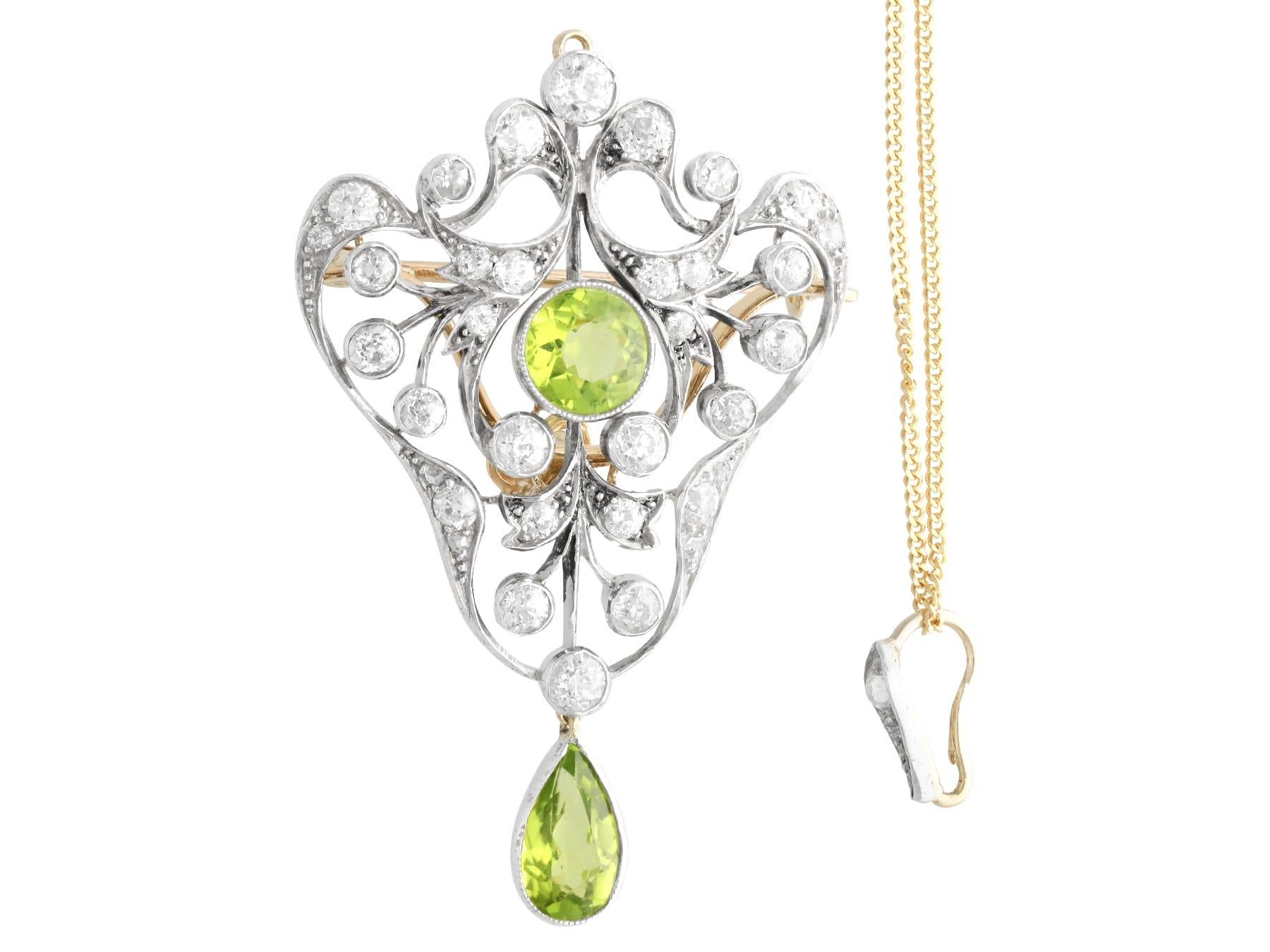 Round Cut Antique 3.02Ct Peridot and 3.41Ct Diamond, 14k Yellow Gold Pendant / Brooch For Sale