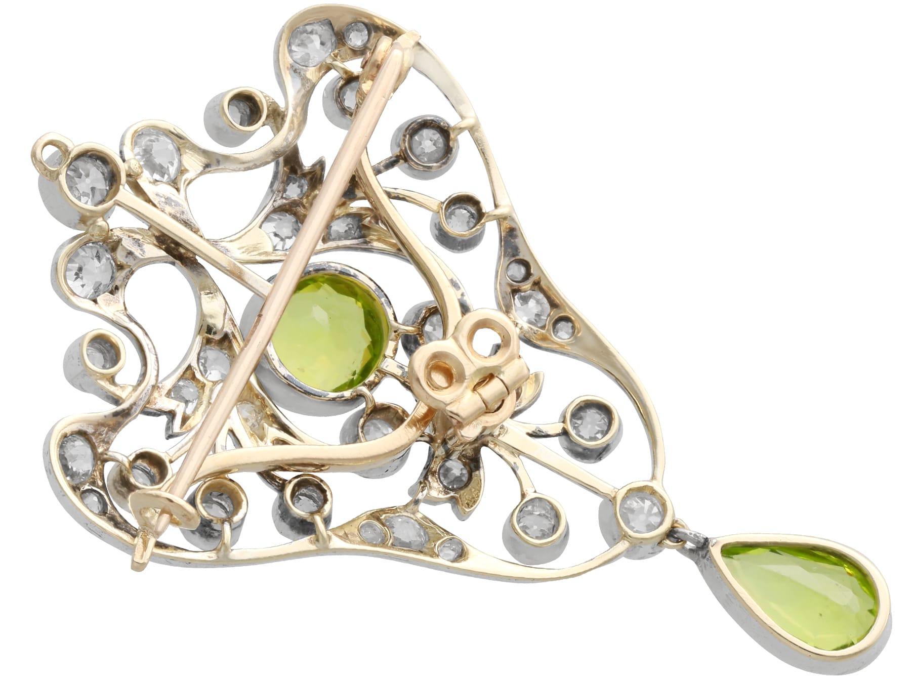 Women's or Men's Antique 3.02Ct Peridot and 3.41Ct Diamond, 14k Yellow Gold Pendant / Brooch For Sale