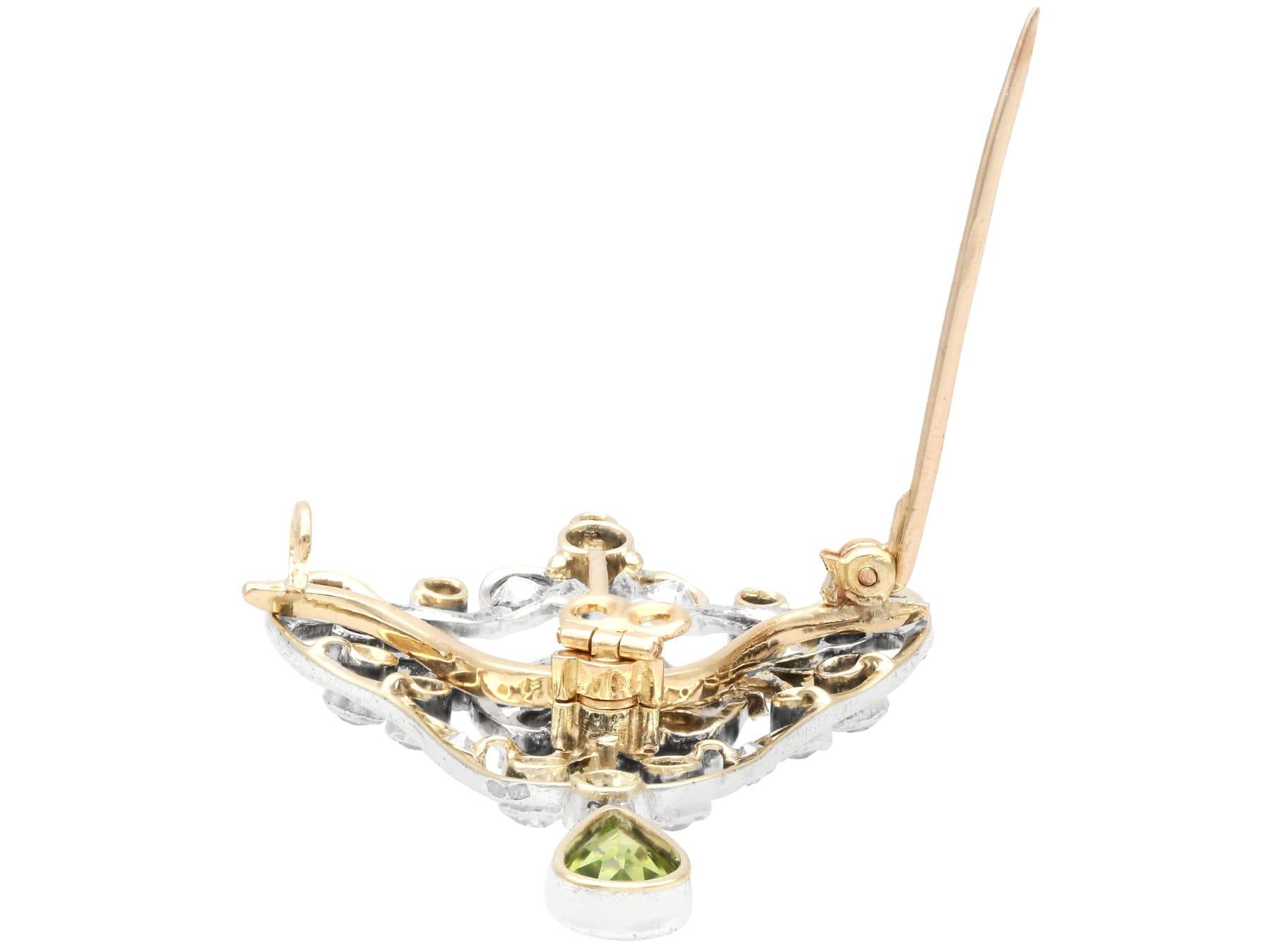 Antique 3.02Ct Peridot and 3.41Ct Diamond, 14k Yellow Gold Pendant / Brooch For Sale 1