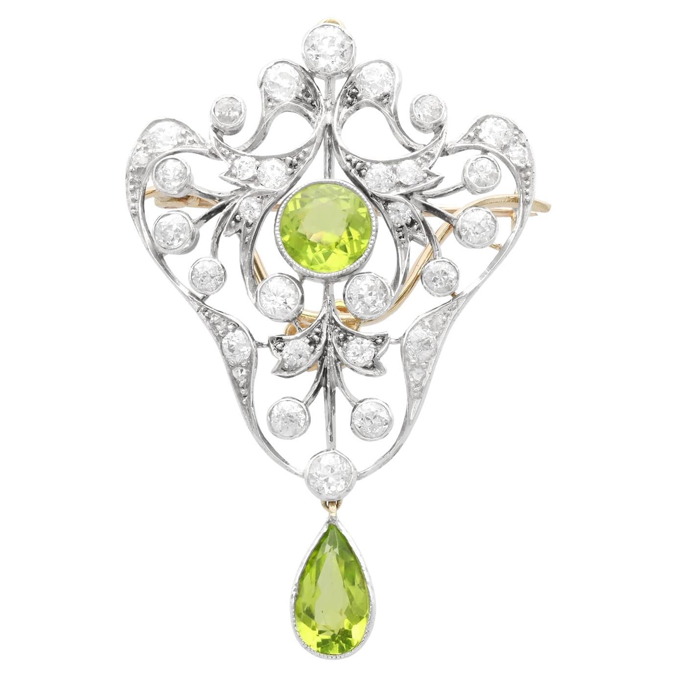 Antique 3.02Ct Peridot and 3.41Ct Diamond, 14k Yellow Gold Pendant / Brooch For Sale