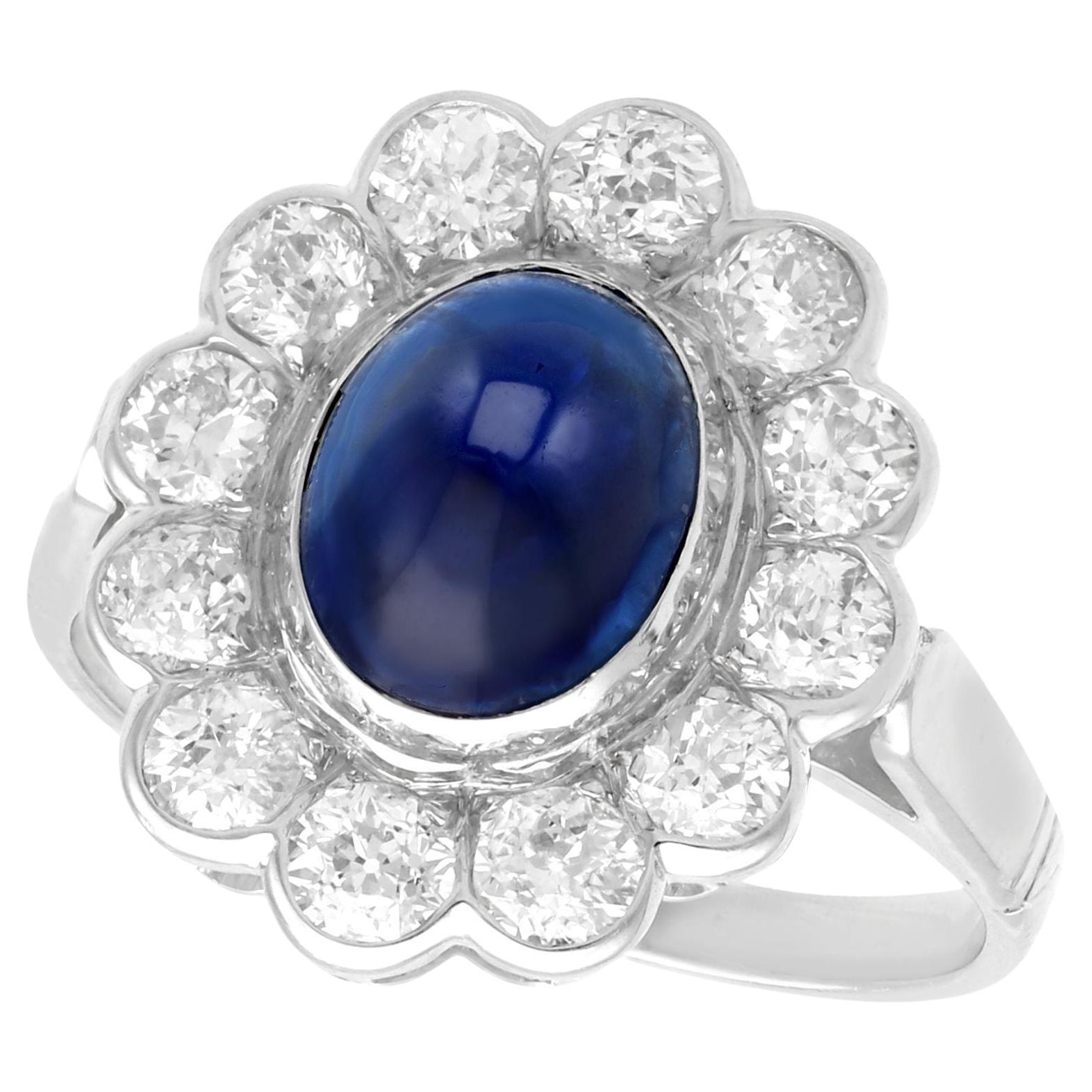 Antique 3.03ct Cabochon Cut Sapphire and 1.80ct Diamond White Gold Cluster Ring