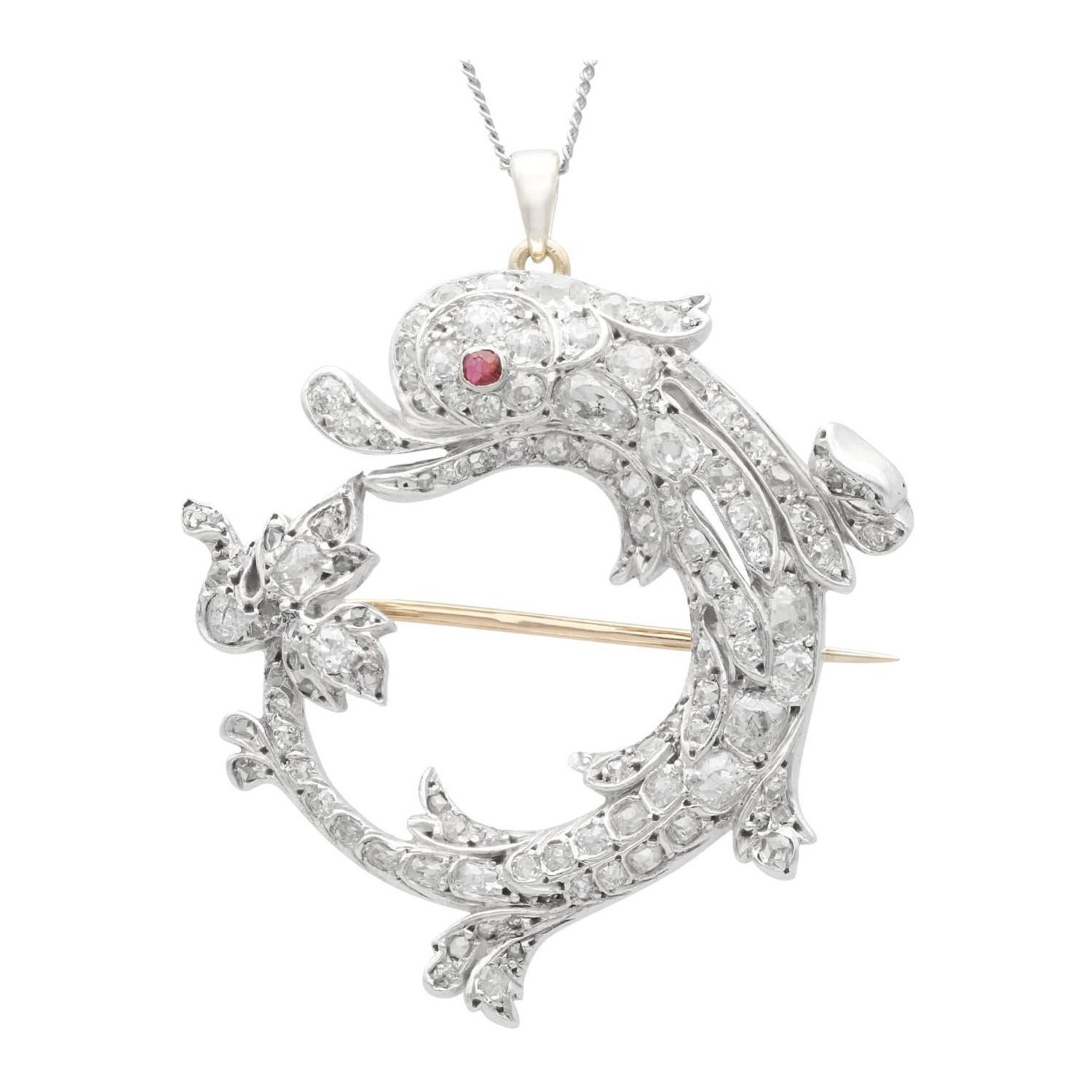 Antike 3,05 Karat Diamant und Rubin Delphin Brosche Anhänger