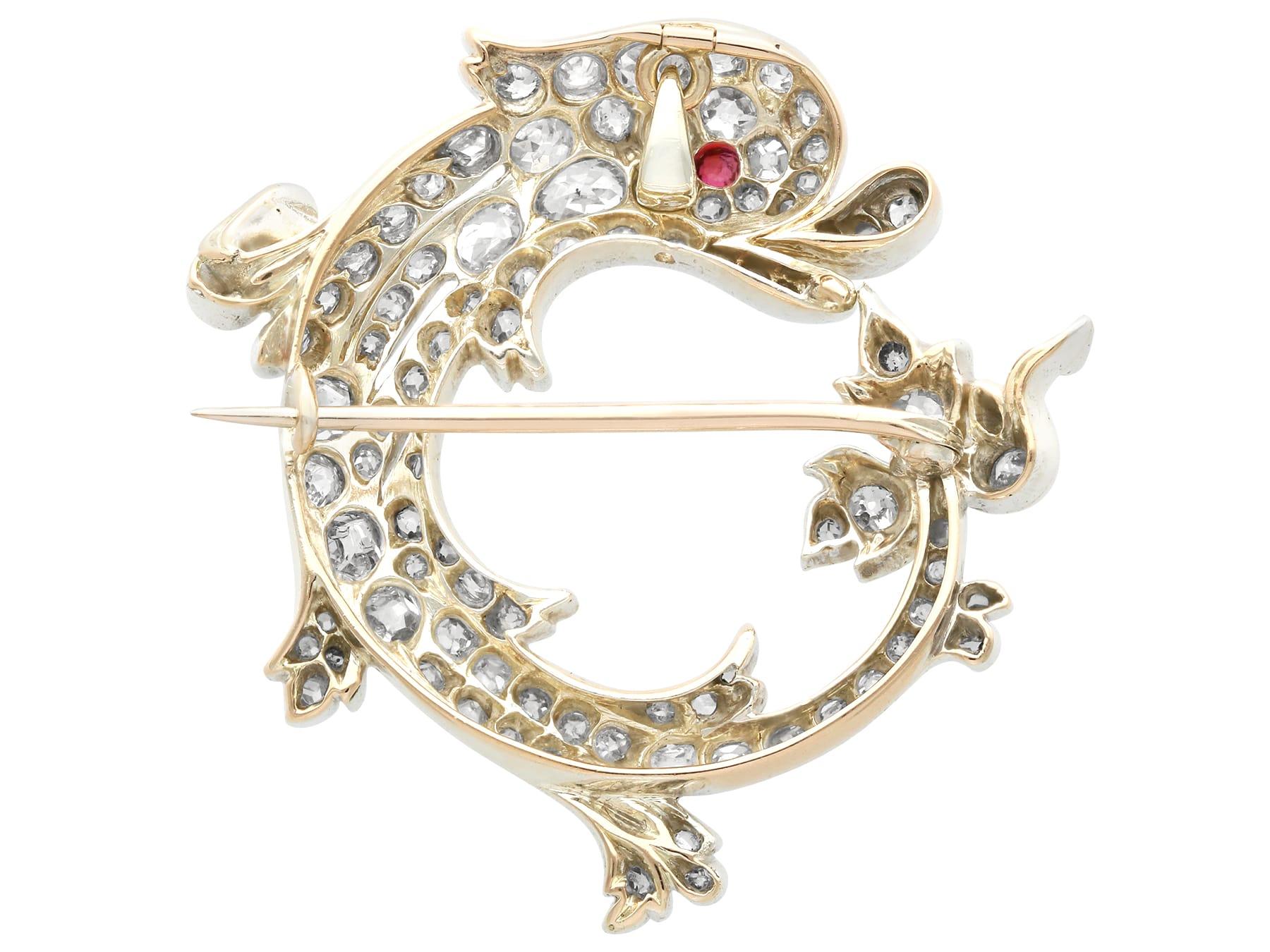 Women's or Men's Antique 3.05 Carat Diamond and Ruby 12 Carat Yellow Gold Dolphin Brooch/Pendant For Sale