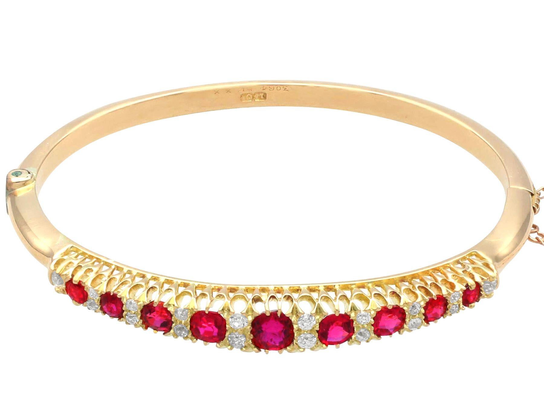 Oval Cut Antique 3.06 Ct Thai Ruby and 0.47 Ct Diamond 15 Ct Yellow Gold Bangle For Sale