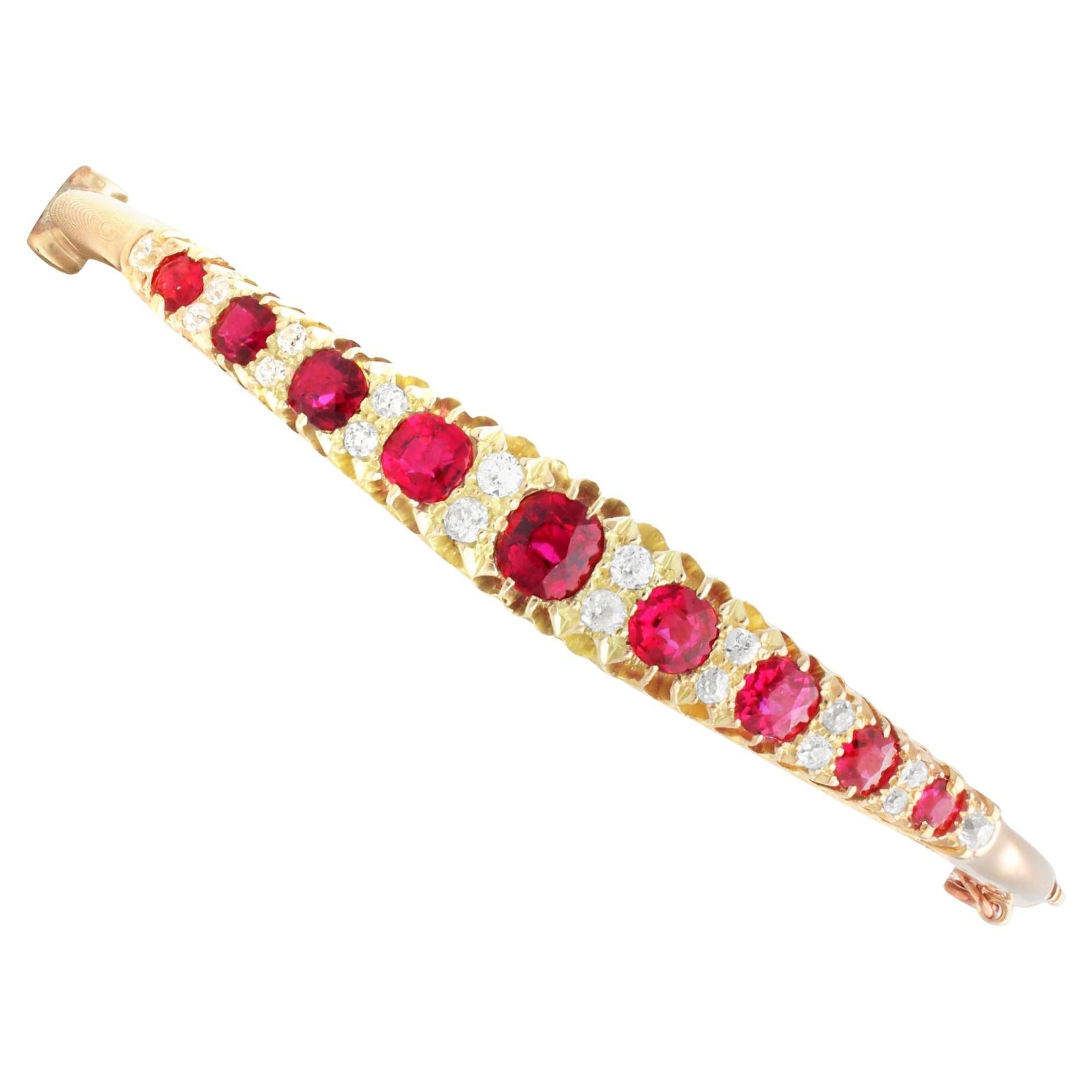 Antique 3.06 Ct Thai Ruby and 0.47 Ct Diamond 15 Ct Yellow Gold Bangle