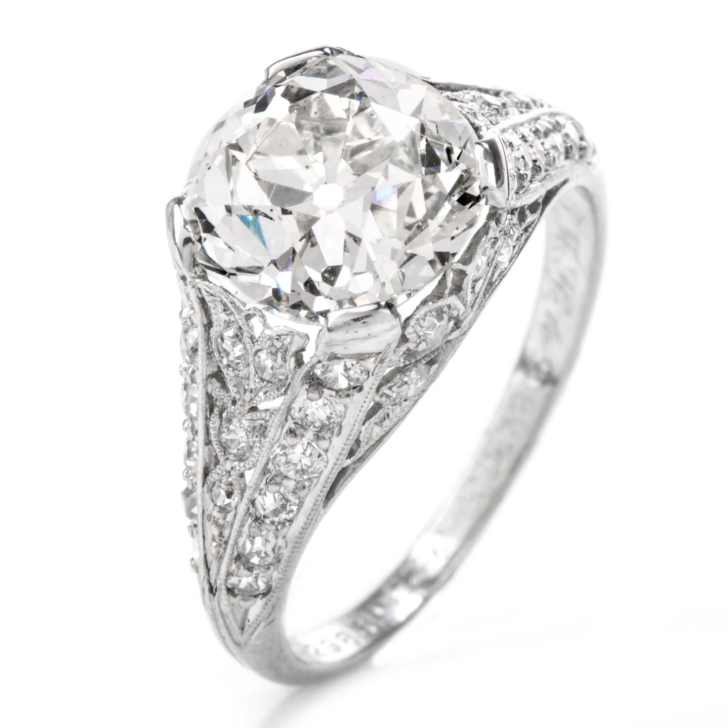 Antique 3.07 Carat Old European Cut Diamond Engagement Platinum Ring In Excellent Condition In Miami, FL