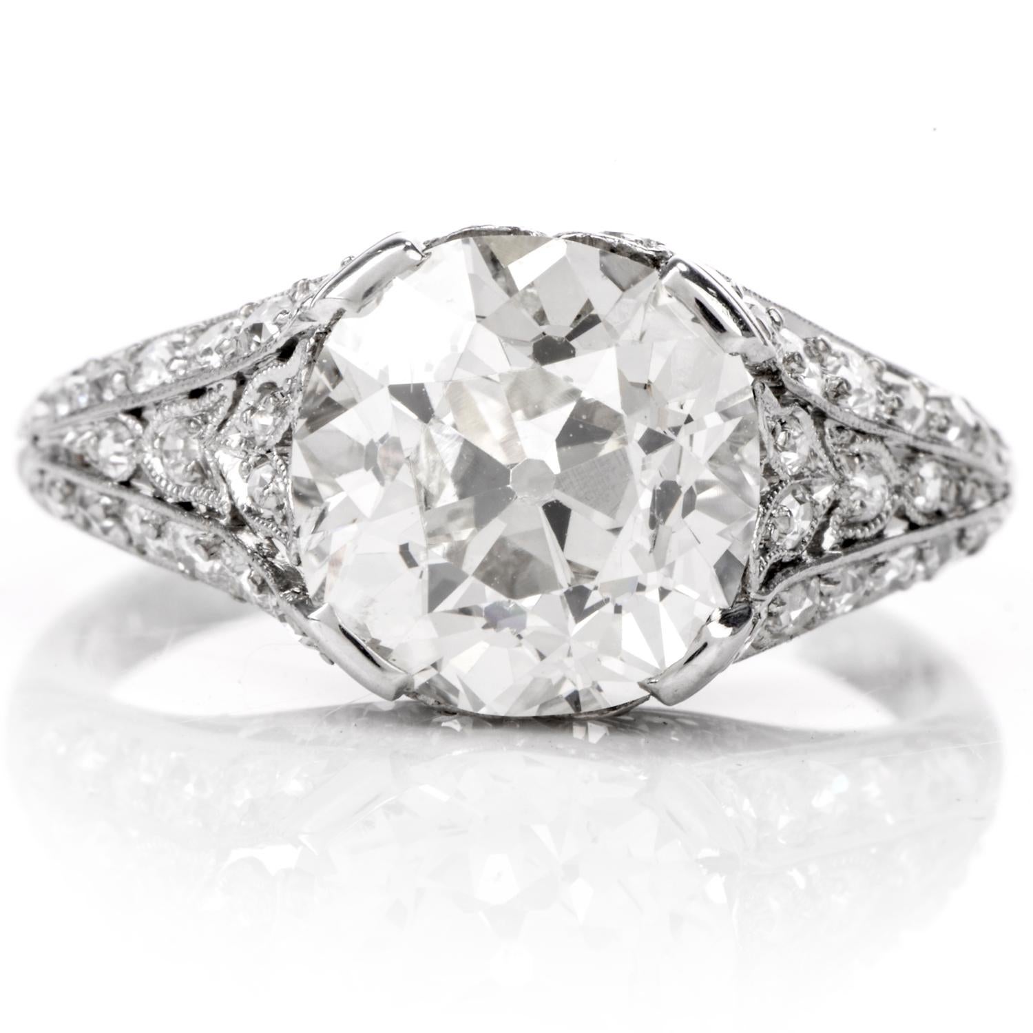 Women's Antique 3.07 Carat Old European Cut Diamond Engagement Platinum Ring
