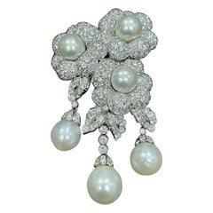 Antique 30ct Diamond & 6 South Sea Pearl Pin/ Broach 18 Karat White Gold, Estate