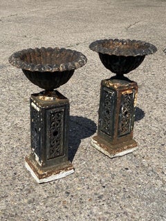 Antique French Victorian Cast Iron Fluted Urn Garden Planter Pedestal, Pair
