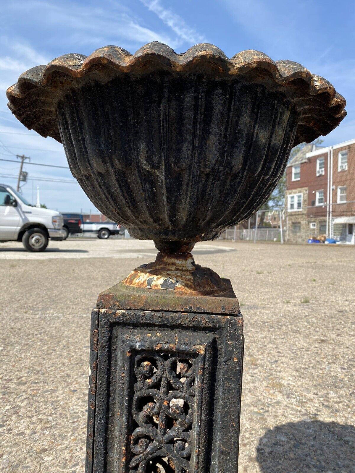 19th Century Antique French Victorian Cast Iron Fluted Urn Garden Planter Pedestal, Pair For Sale