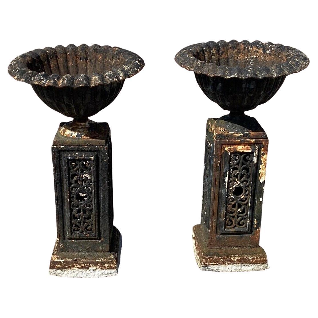 Antique French Victorian Cast Iron Fluted Urn Garden Planter Pedestal, Pair For Sale