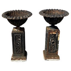 Used French Victorian Cast Iron Fluted Urn Garden Planter Pedestal, Pair
