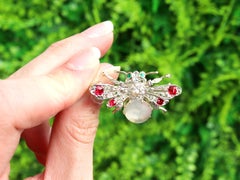 Antique 3.10ct Moonstone, Ruby, Emerald, Diamond and Pearl, Yellow Gold Brooch