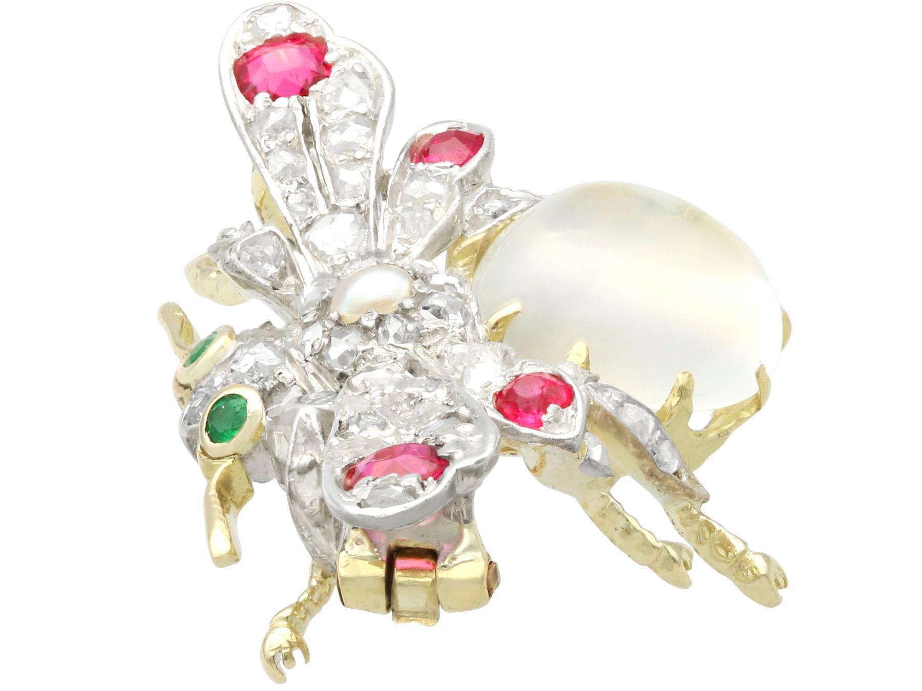 Cabochon Antique 3.10ct Moonstone, Ruby, Emerald, Diamond and Pearl, Yellow Gold Brooch For Sale