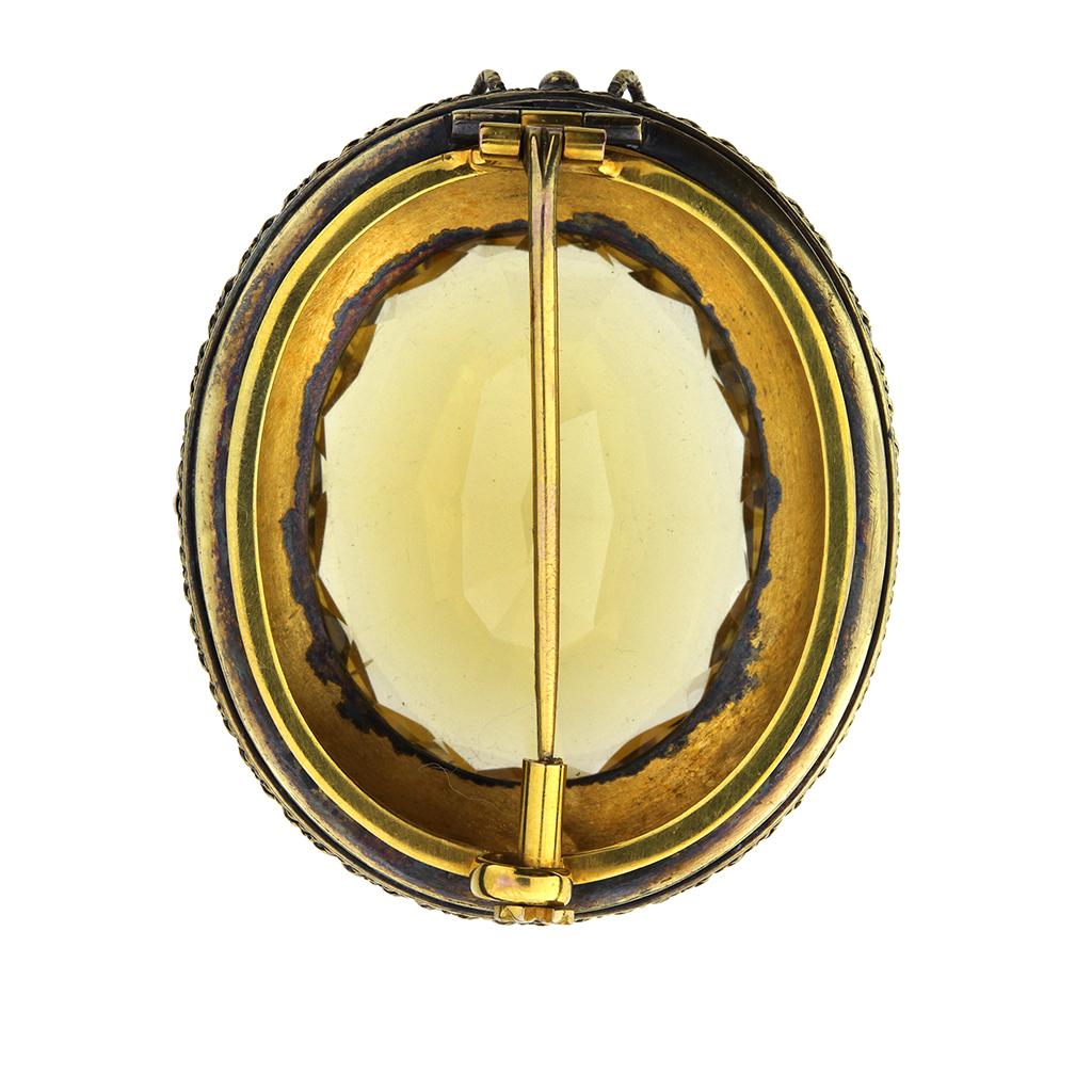 Antique 31.82 Carat Oval Citrine Bacchus Motif 18K Brooch In Good Condition For Sale In Fuquay Varina, NC