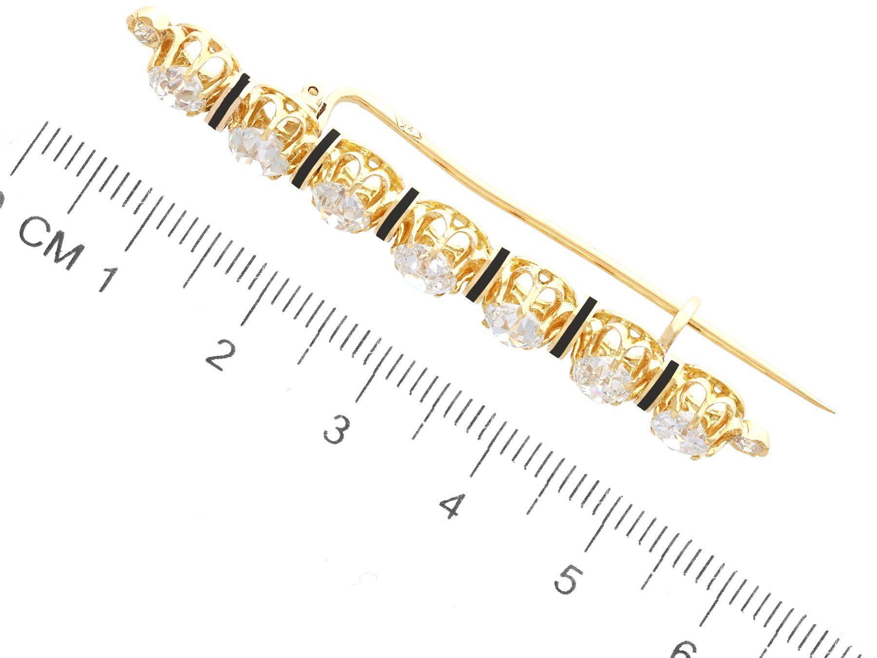 Round Cut Antique 3.13 Carat Diamond and 15k Yellow Gold Bar Brooch For Sale