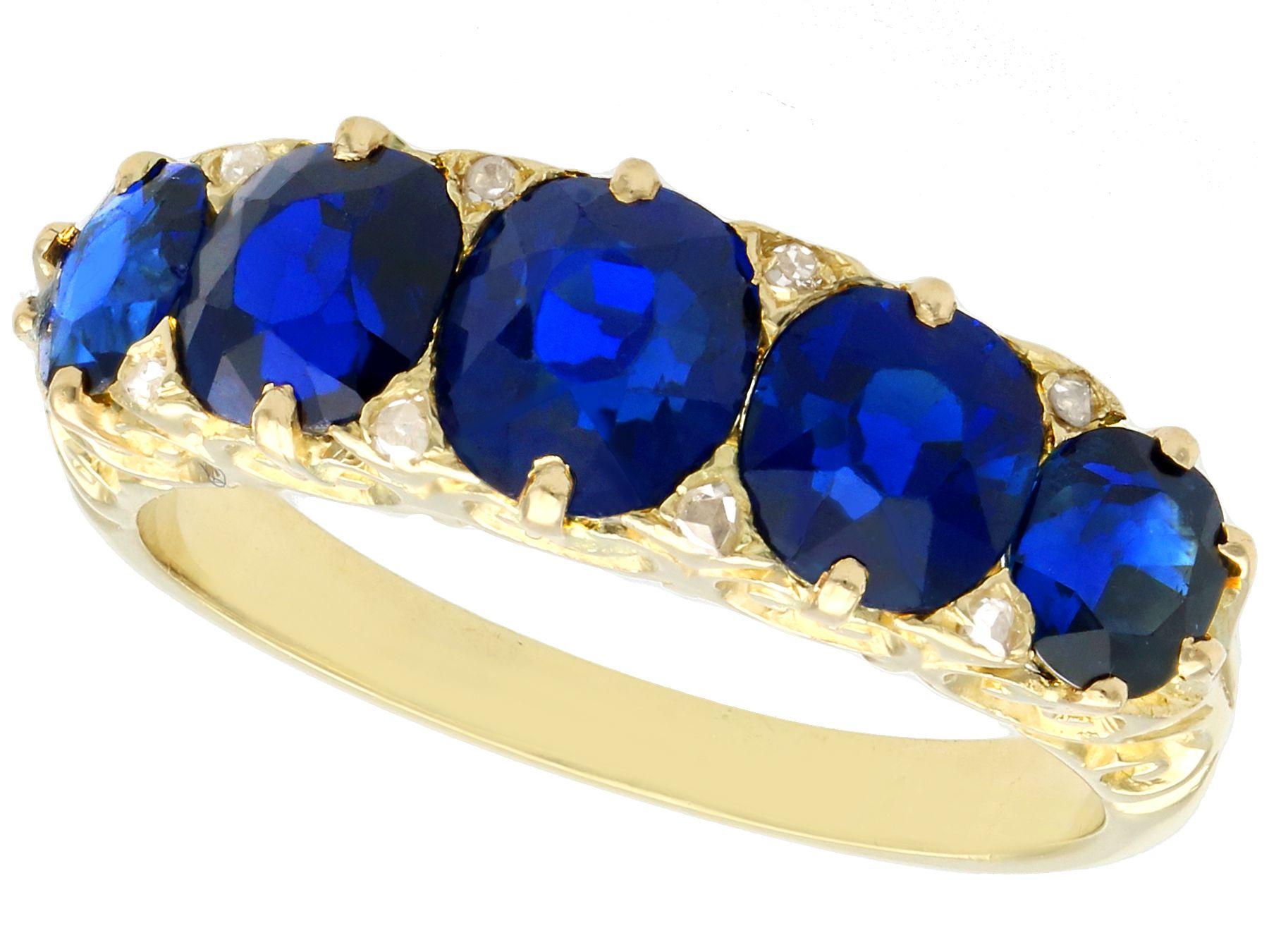 Edwardian Antique 3.15 Carat Basaltic Sapphire and Diamond Five Stone Ring in Yellow Gold For Sale