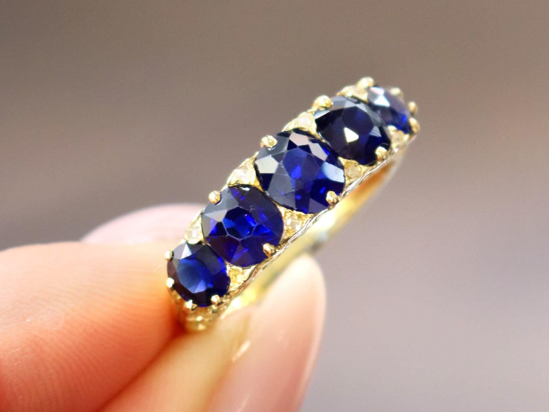 Edwardian Antique 3.15 Carat Basaltic Sapphire and Diamond Five Stone Ring in Yellow Gold For Sale