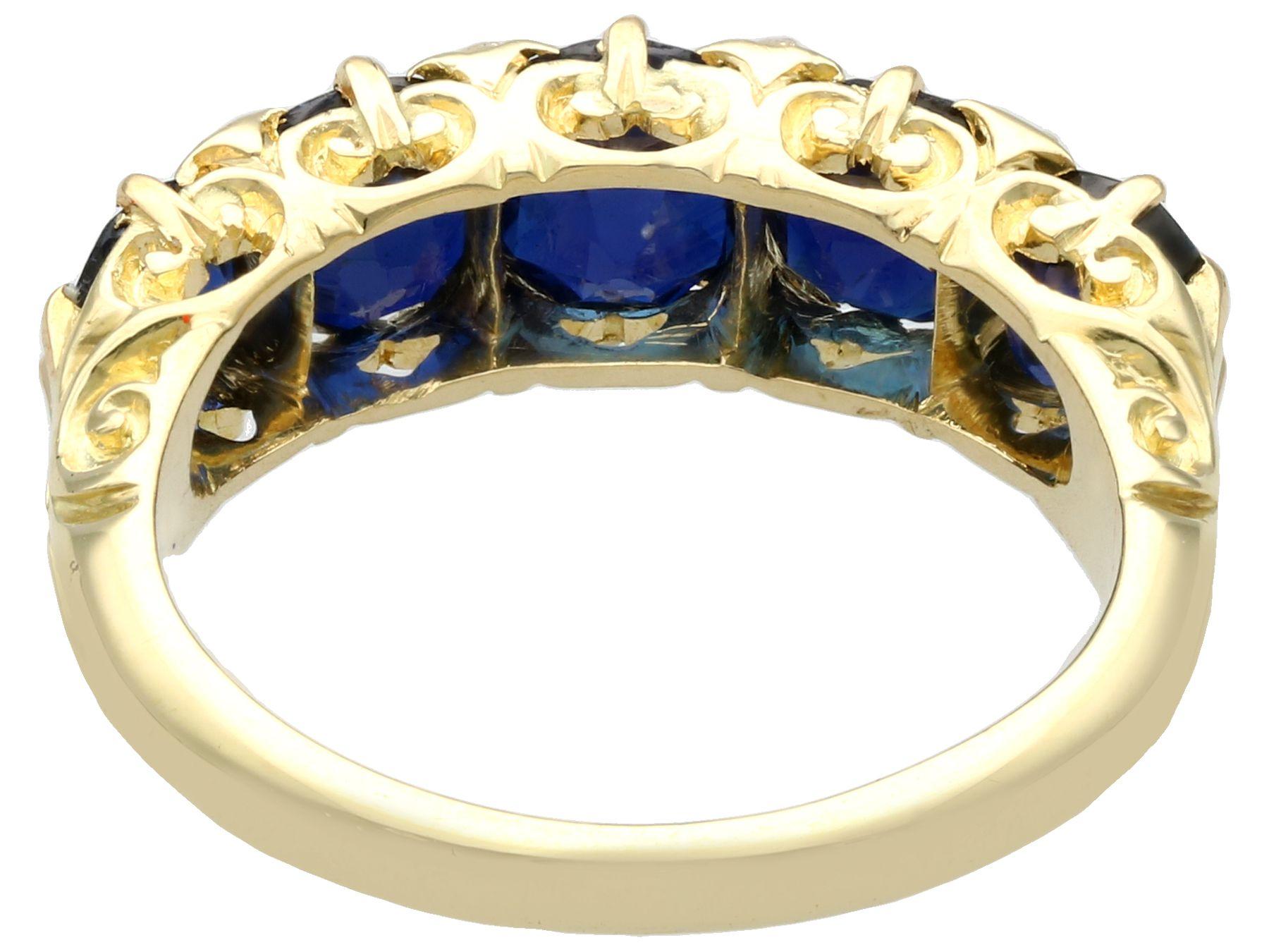 Women's or Men's Antique 3.15 Carat Basaltic Sapphire and Diamond Five Stone Ring in Yellow Gold For Sale