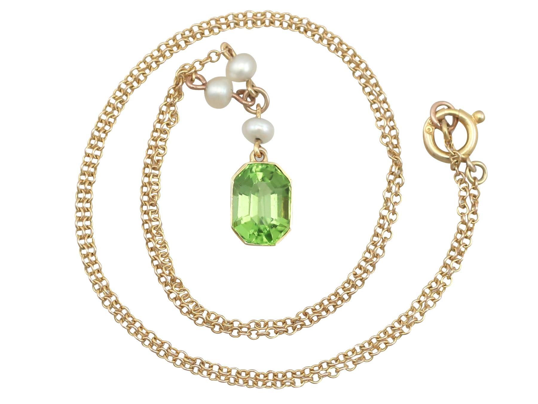 An impressive antique 3.16 carat peridot and seed pearl, 15 carat yellow gold pendant on a 9 karat yellow gold chain; part of our diverse gemstone jewelry collections.

This fine and impressive antique peridot pendant has been crafted in 15k yellow