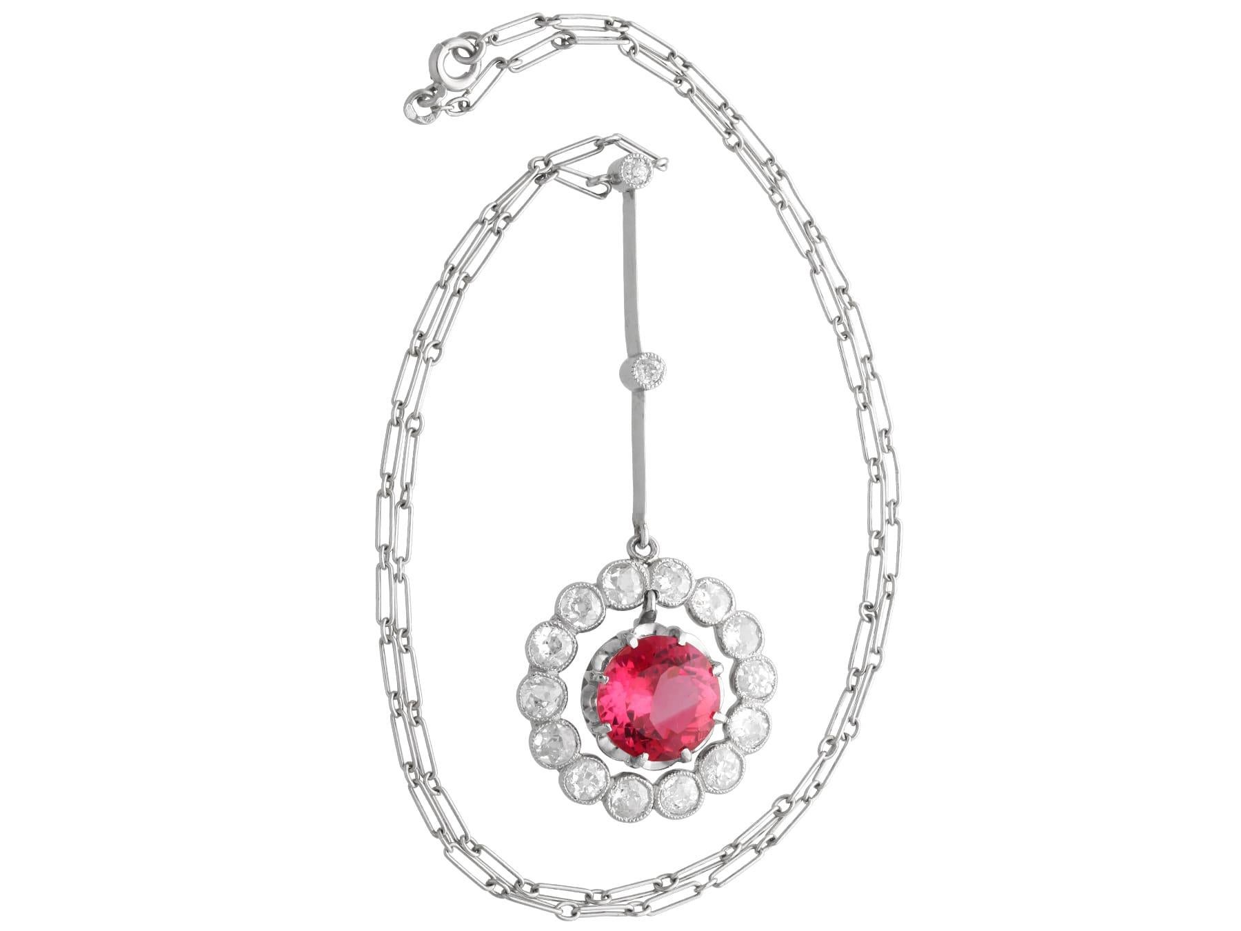 Round Cut Antique 3.18Ct Pink Tourmaline, 2.10Ct Diamond and Platinum Pendant Circa 1925 For Sale