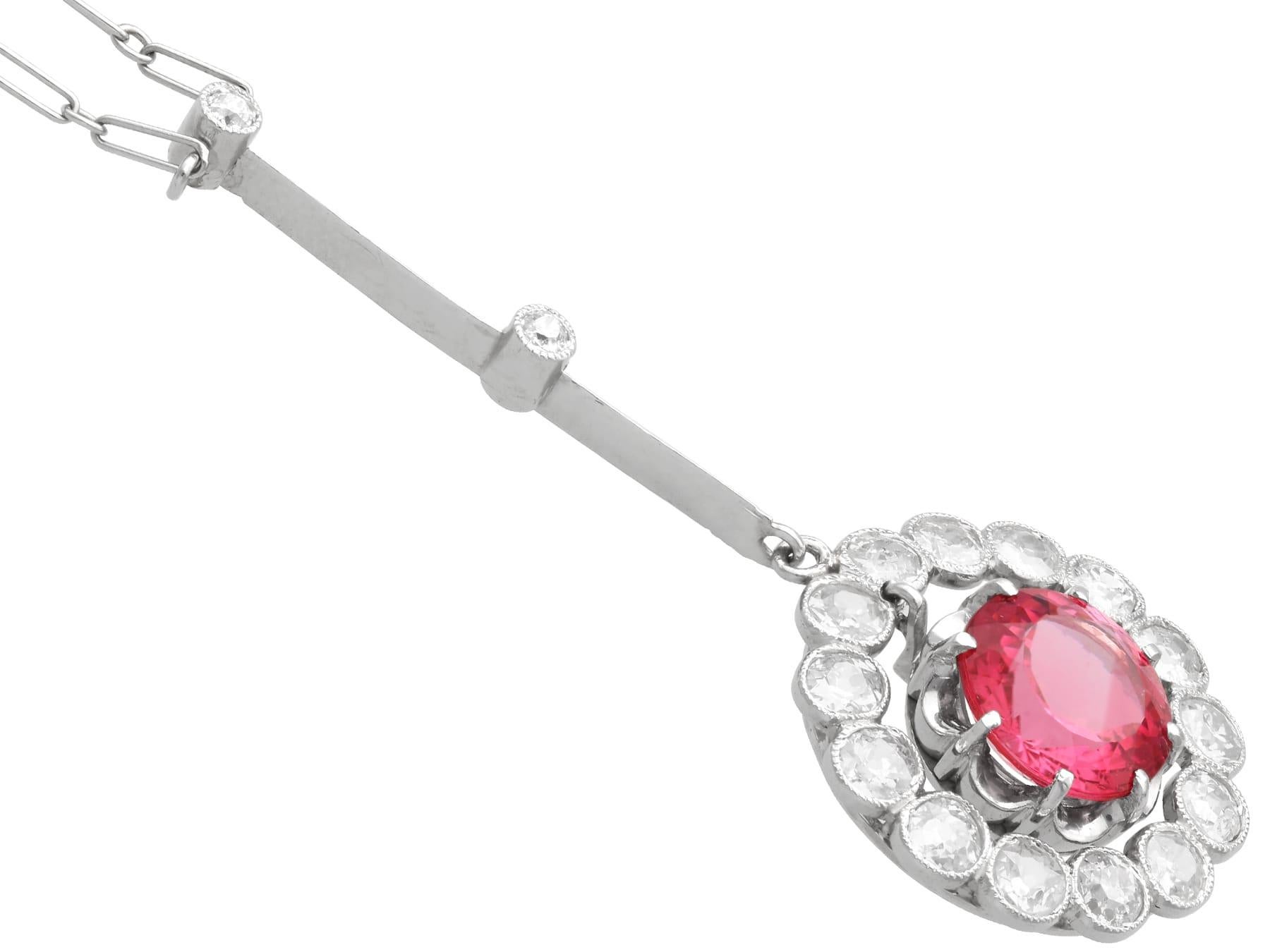 Antique 3.18Ct Pink Tourmaline, 2.10Ct Diamond and Platinum Pendant Circa 1925 In Excellent Condition For Sale In Jesmond, Newcastle Upon Tyne