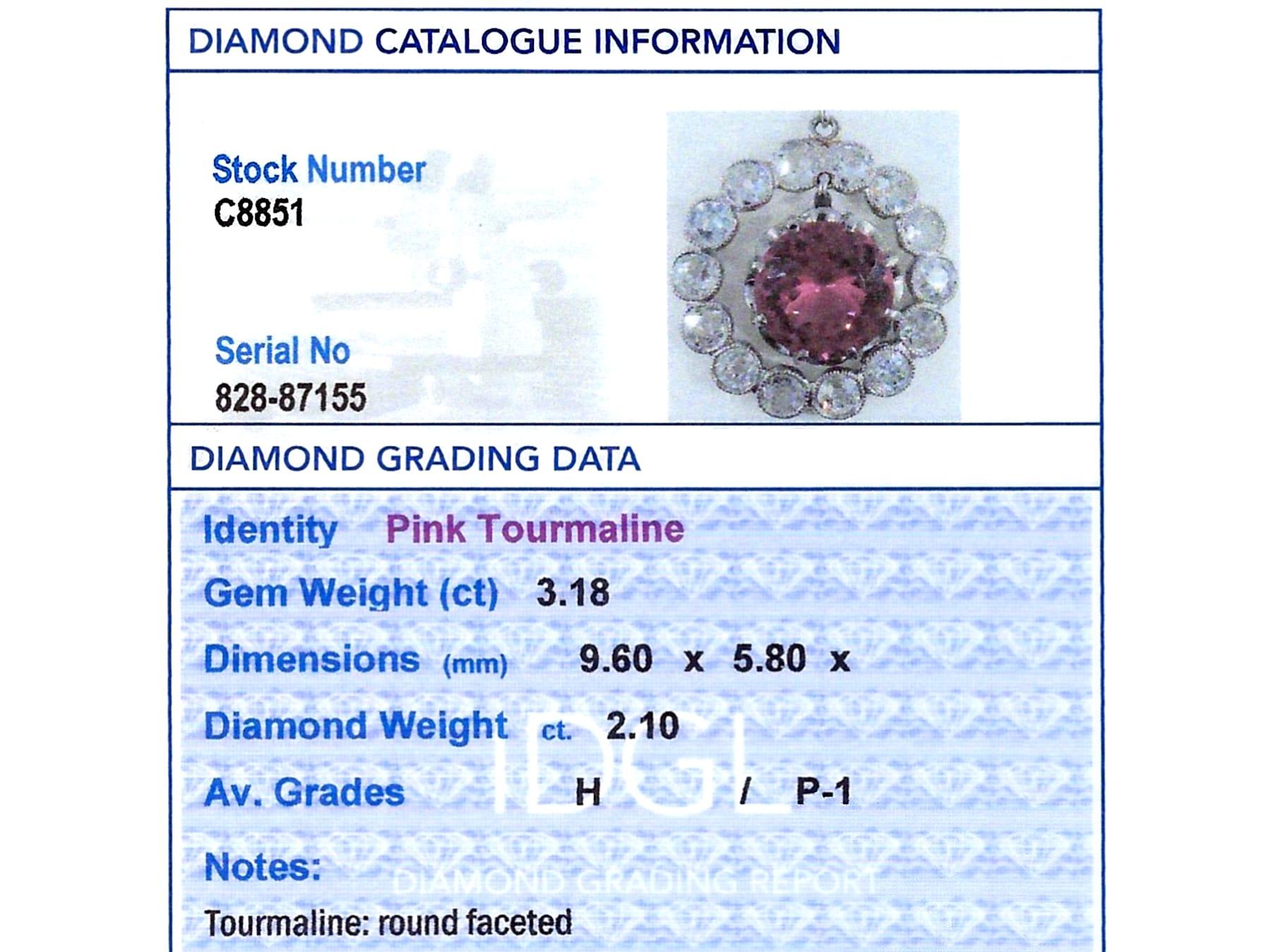 Antique 3.18Ct Pink Tourmaline, 2.10Ct Diamond and Platinum Pendant Circa 1925 For Sale 2