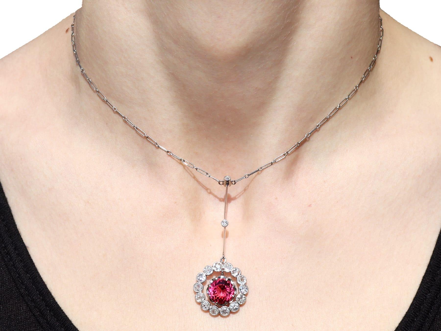 Antique 3.18Ct Pink Tourmaline, 2.10Ct Diamond and Platinum Pendant Circa 1925 For Sale 3
