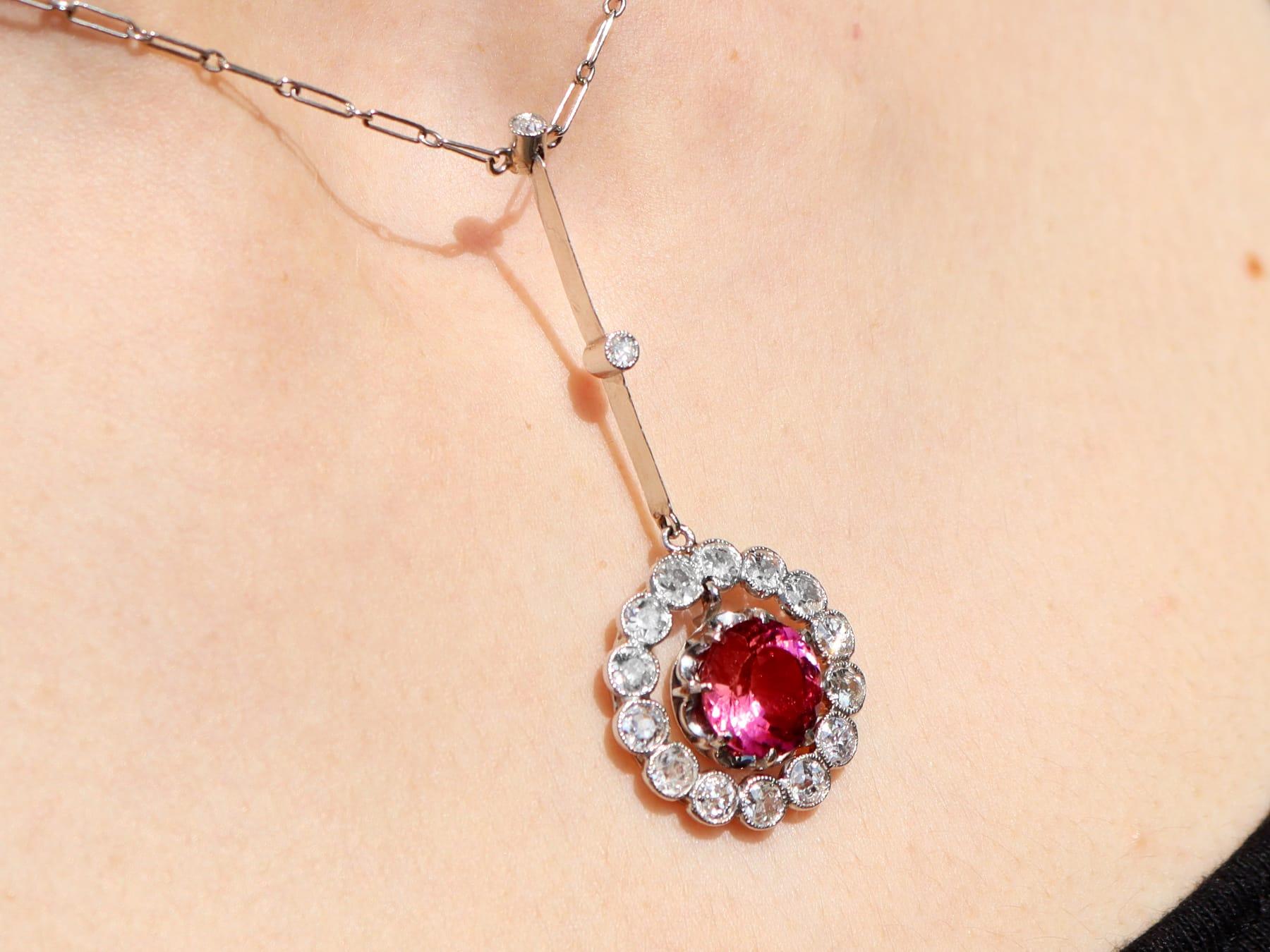 Antique 3.18Ct Pink Tourmaline, 2.10Ct Diamond and Platinum Pendant Circa 1925 For Sale 4