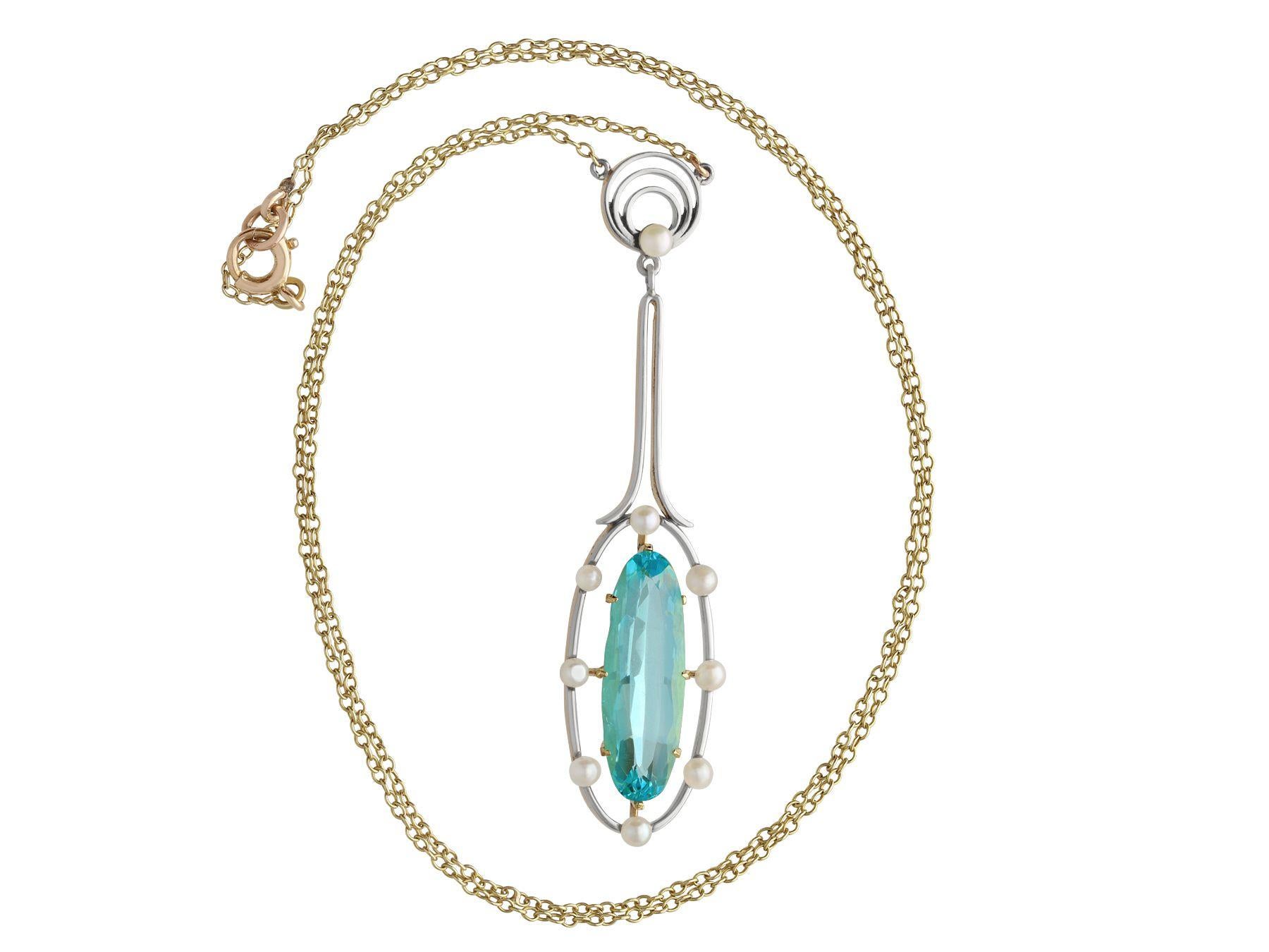 Oval Cut Antique 3.20 Carat Aquamarine and Pearl Yellow Gold Pendant For Sale
