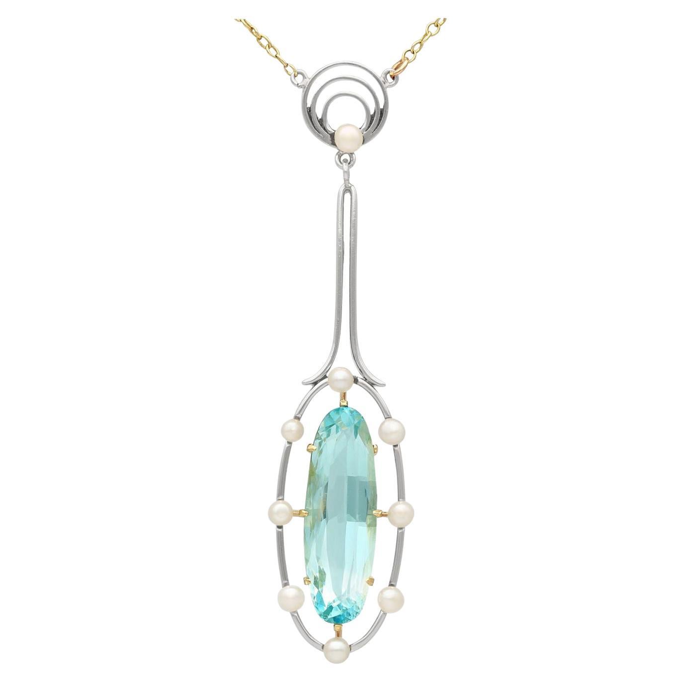 Antique 3.20 Carat Aquamarine and Pearl Yellow Gold Pendant