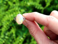 Antique 3.20 Carat White Opal 0.25 Carat Diamond 18k White Gold Ring Circa 1925