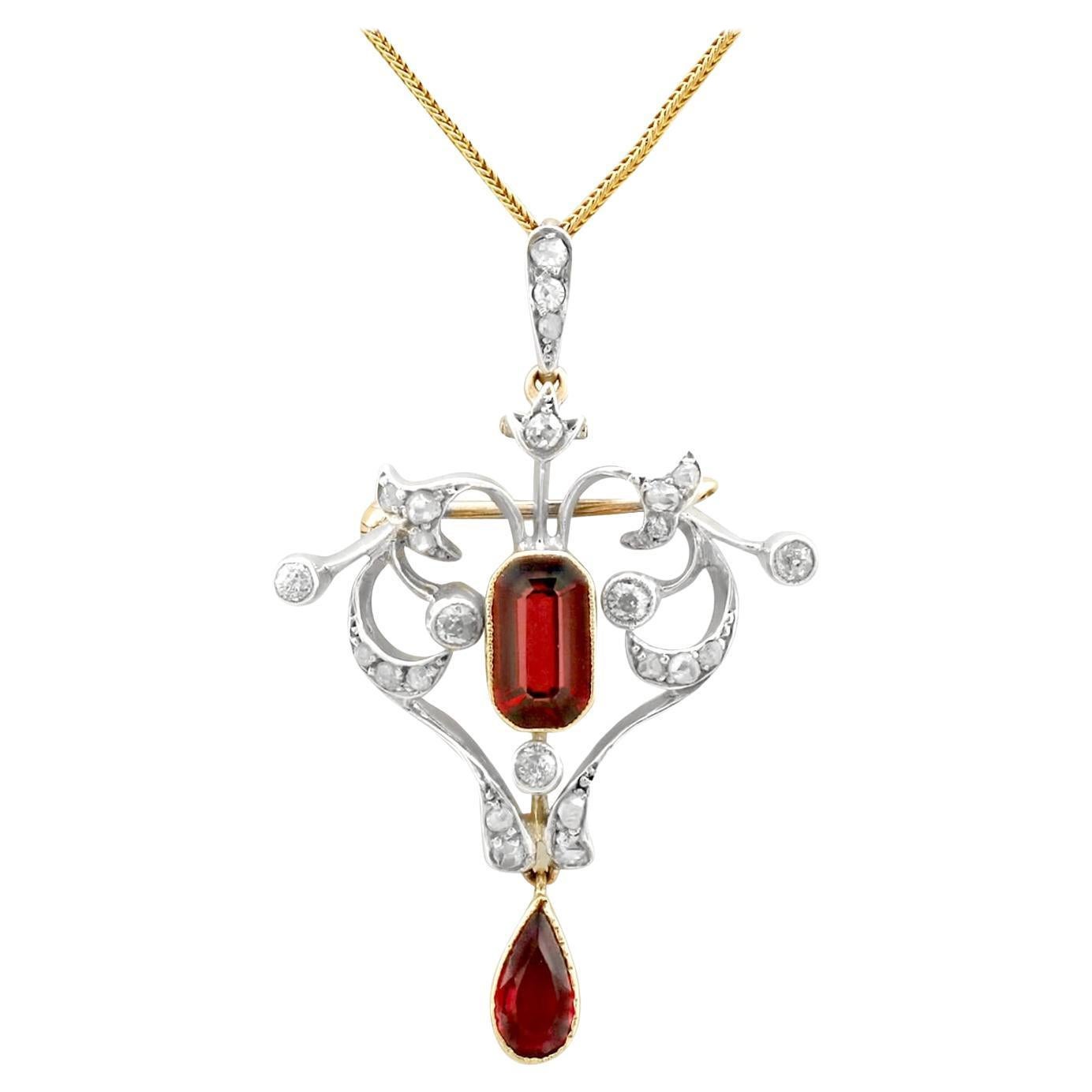 Antique Belle Époque Garnet & Diamond Pendant Brooch in 9k Gold