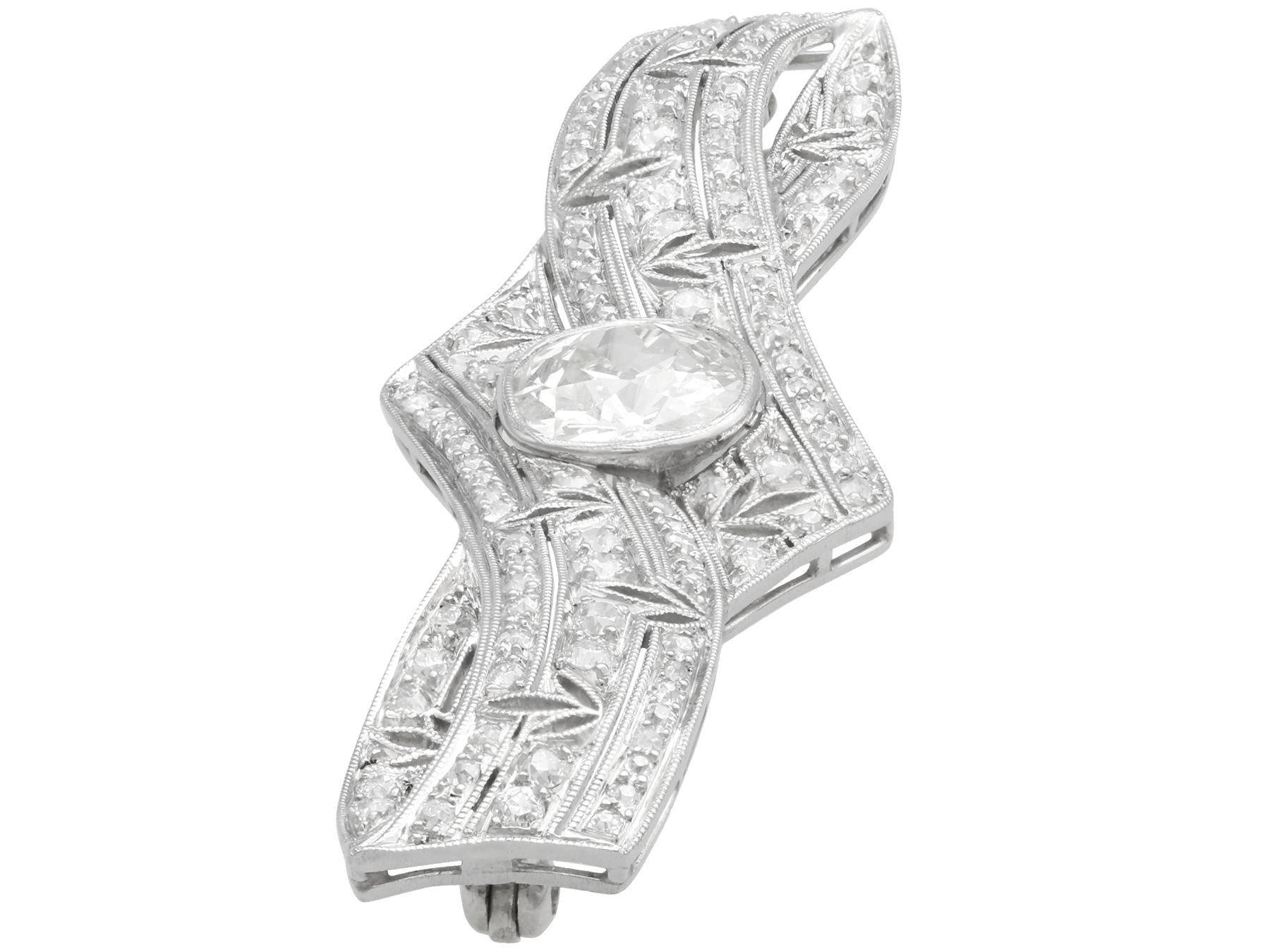 Old European Cut Antique 3.22ct Diamond and Platinum Art Deco Brooch For Sale