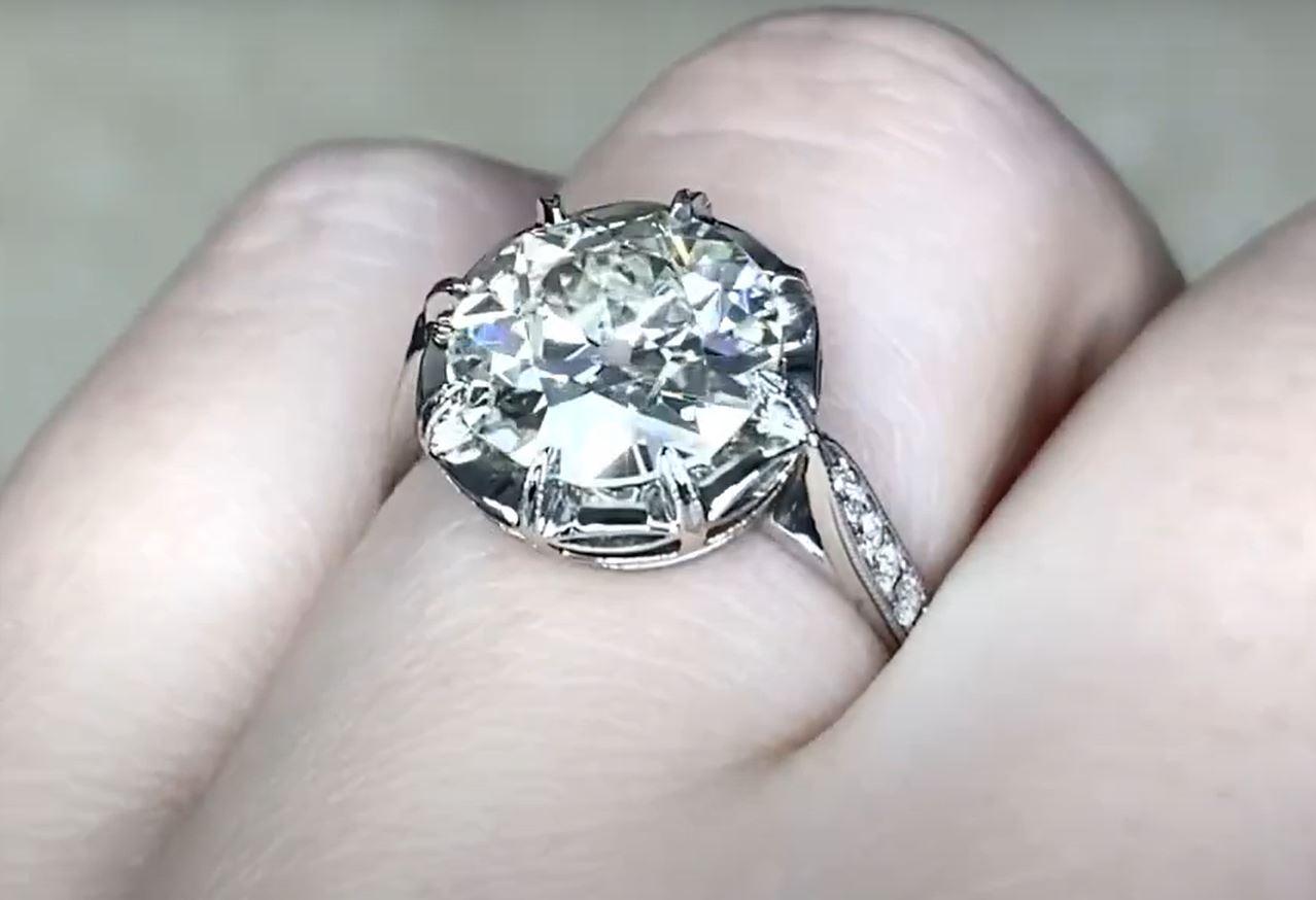 Women's Antique 3.24 Carat Old Euro Diamond Engagement Ring, Platinum, Solitaire For Sale