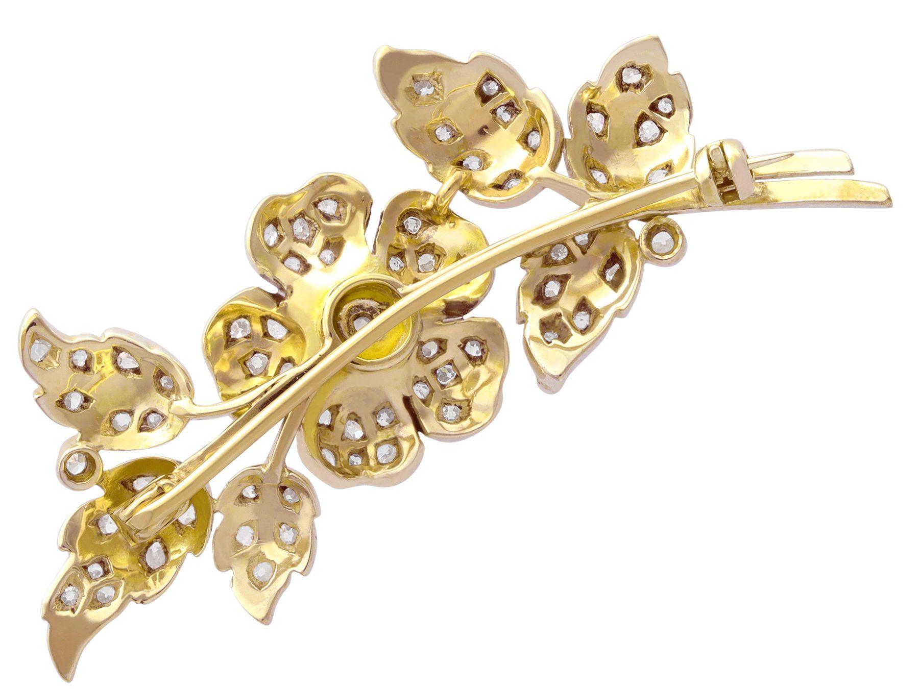 Women's or Men's Antique 3.25 Carat Diamond and Yellow Gold Flower Brooch Circa 1890