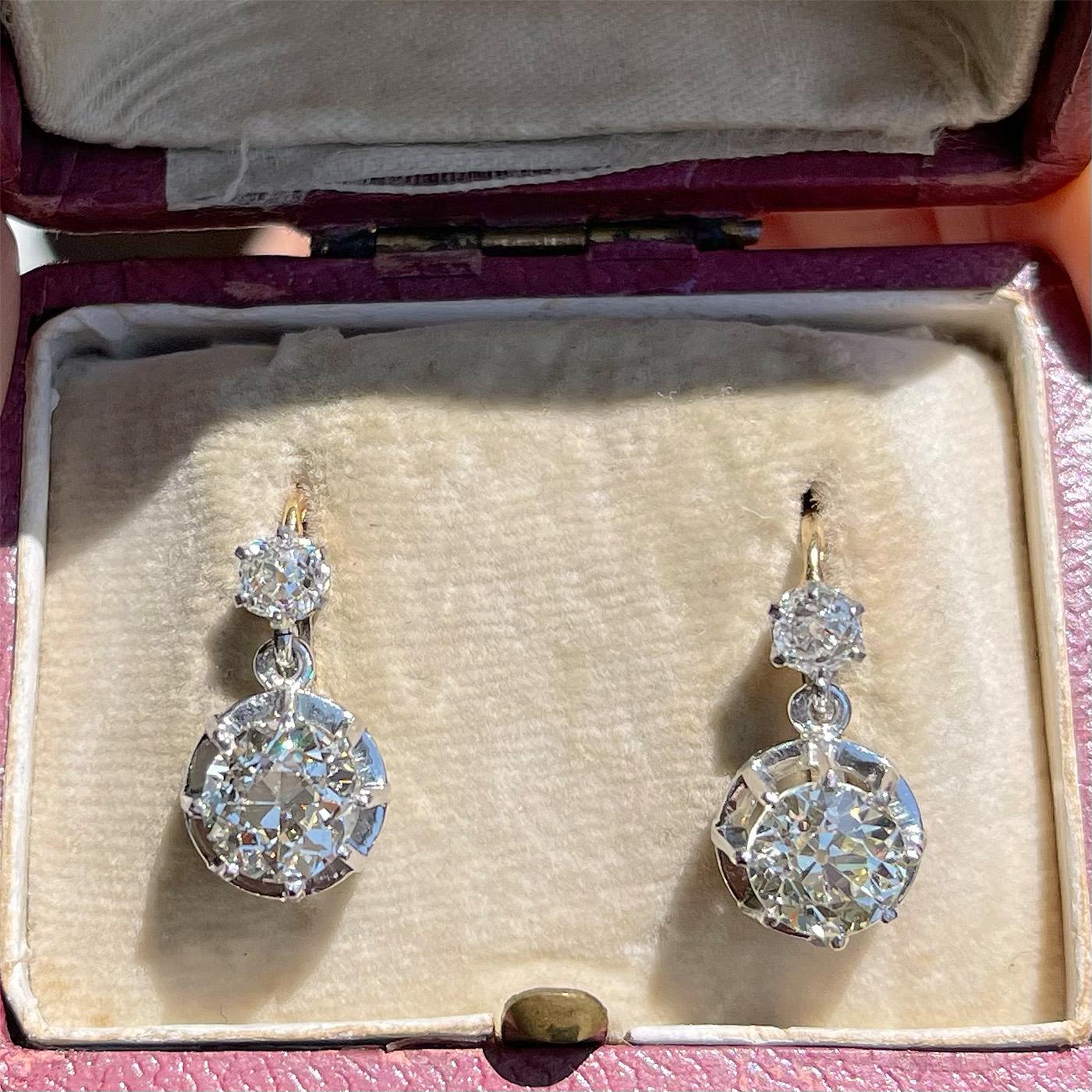 Old European Cut Antique 3.25 Carat Total GIA Certified Old Cut Diamond French Dormeuse Earrings