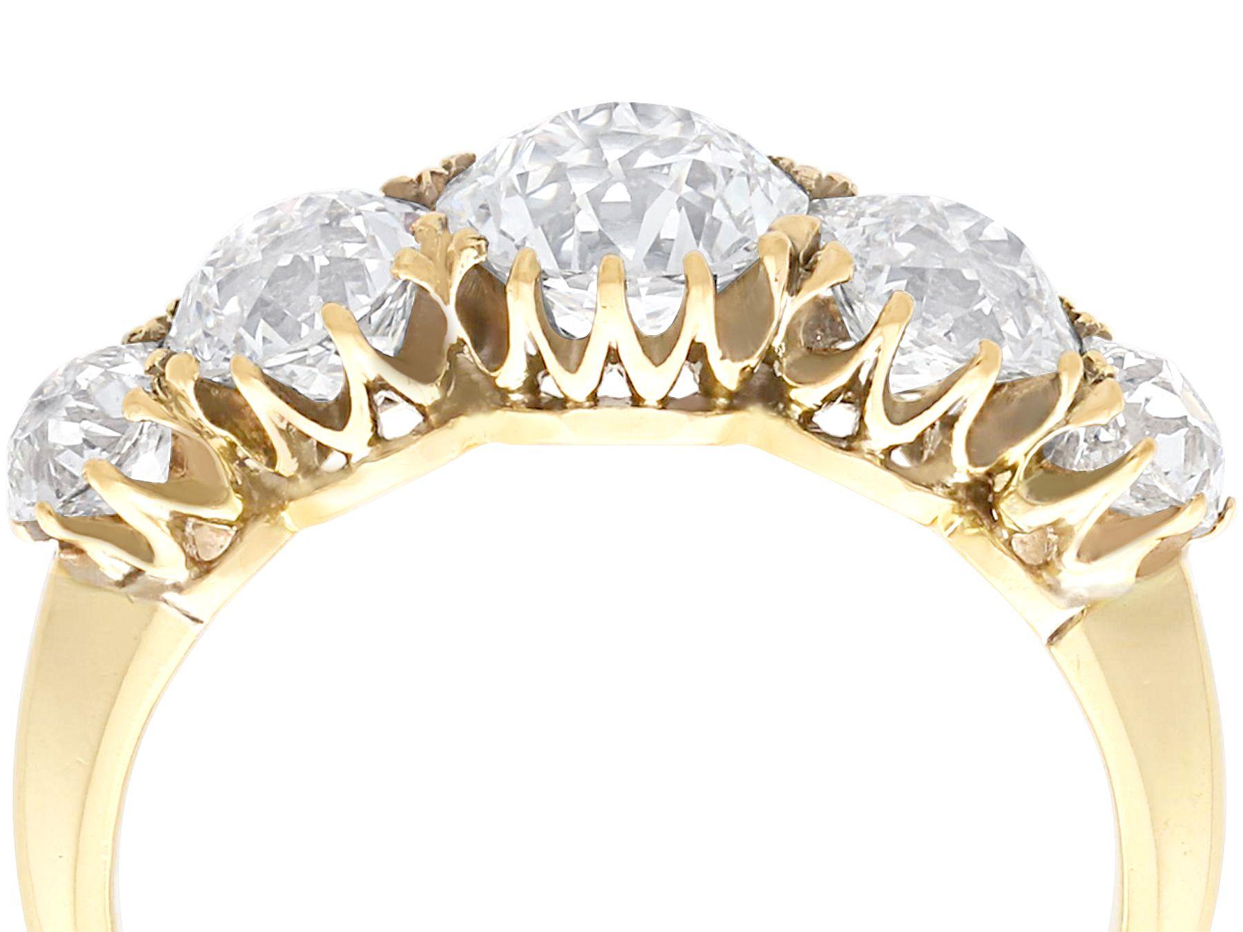 A stunning, fine and impressive antique 3.29 Carat diamond and 18 karat yellow gold five stone ring; part of our antique jewelry and estate jewelry collections.

This stunning antique five stone ring has been crafted in 18 karat yellow gold.

The