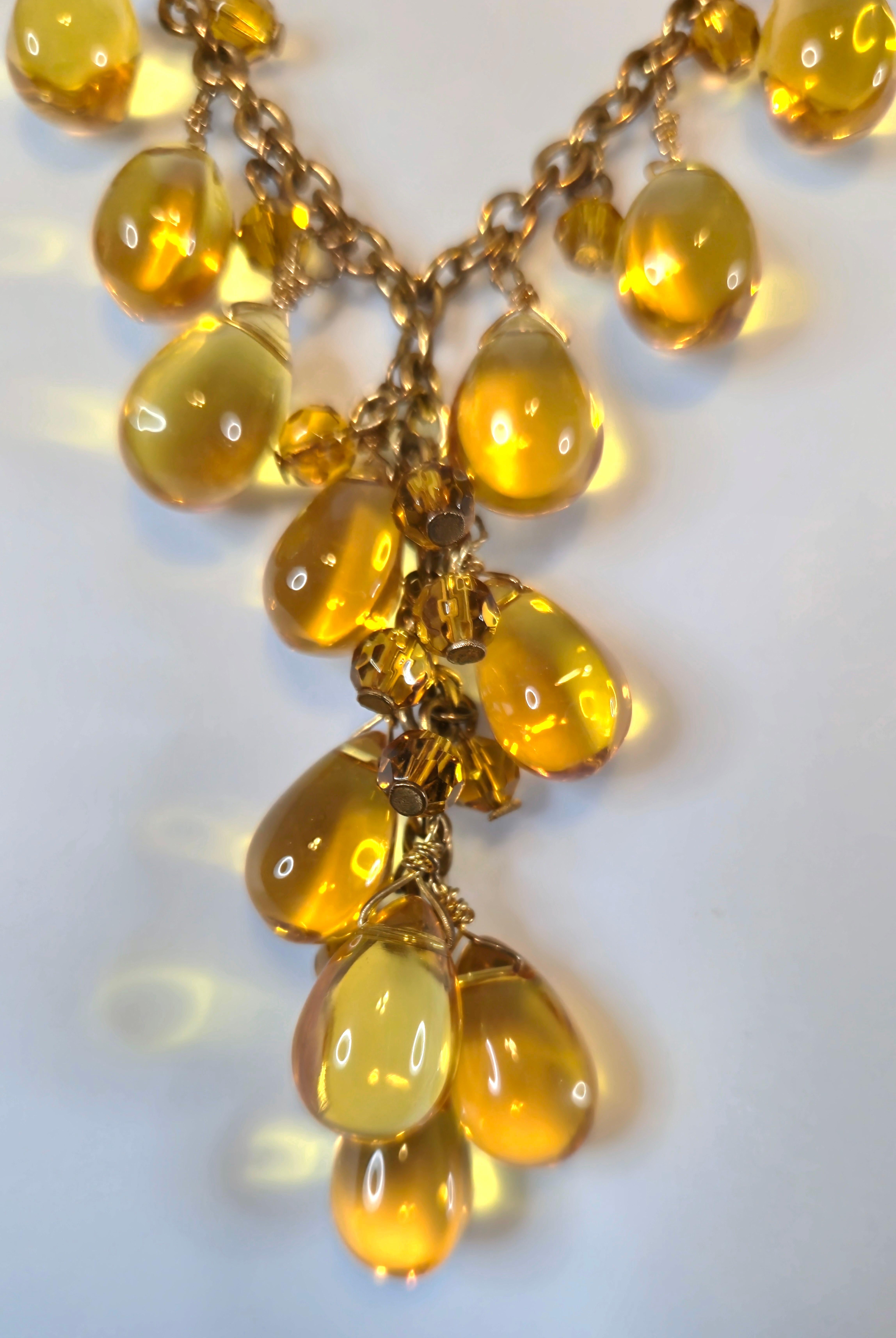 Artisan Antique 33 Citrine PolishedTeardrops & FacetedBeads BronzeChain Drop Necklace For Sale