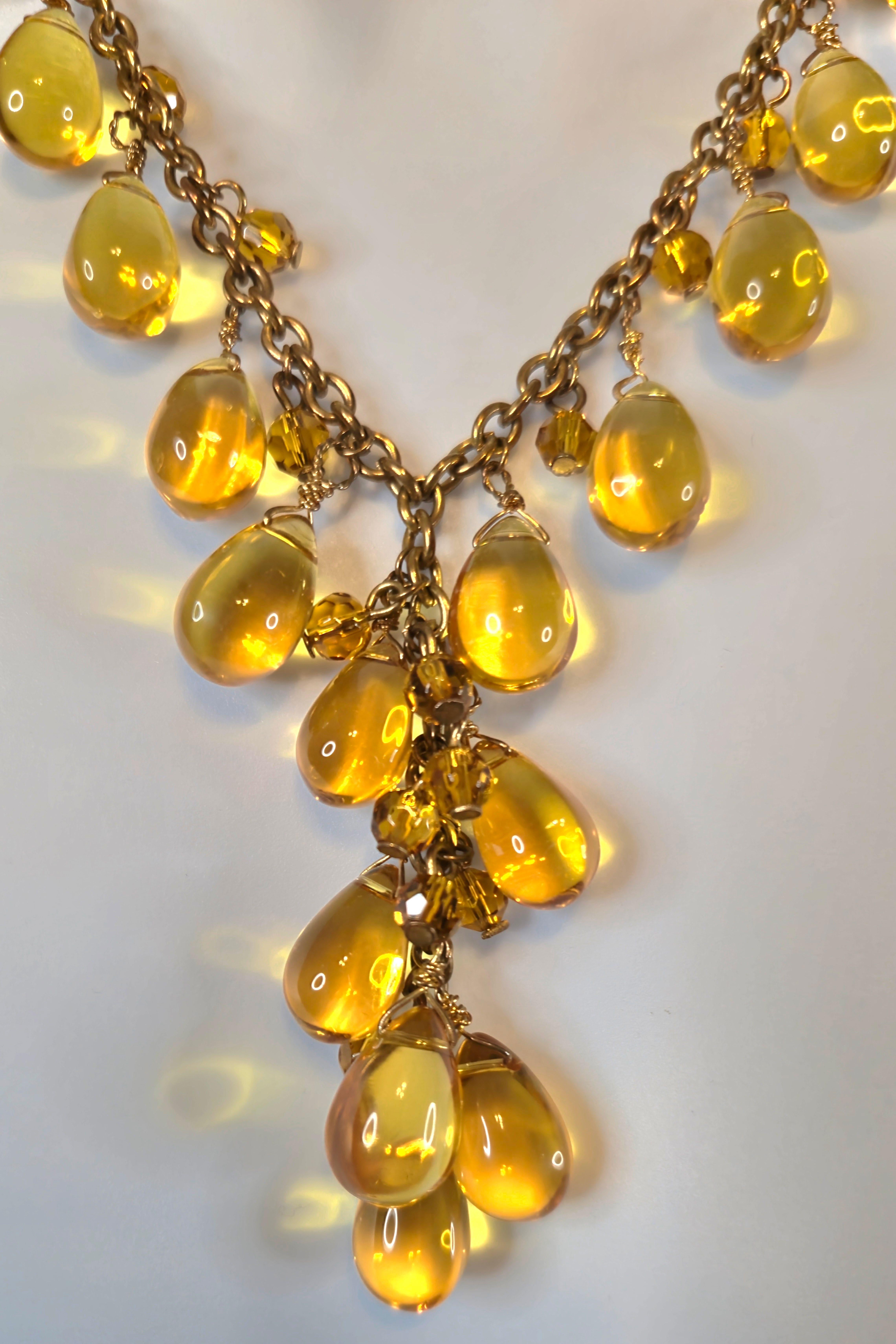 Mixed Cut Antique 33 Citrine PolishedTeardrops & FacetedBeads BronzeChain Drop Necklace For Sale